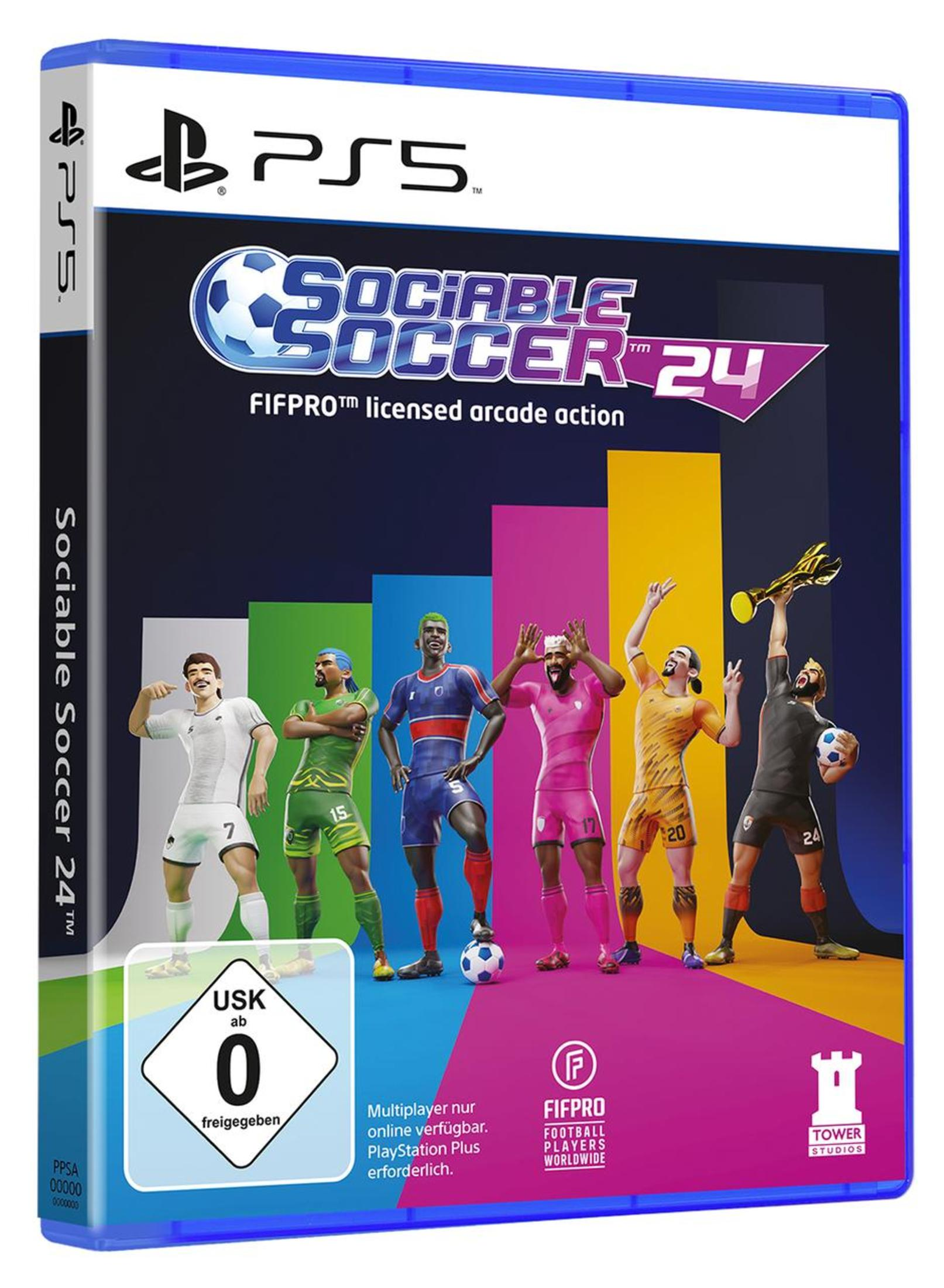 Spielbox mit Fußballspielern und Text, 'Sociable Soccer 24'.
