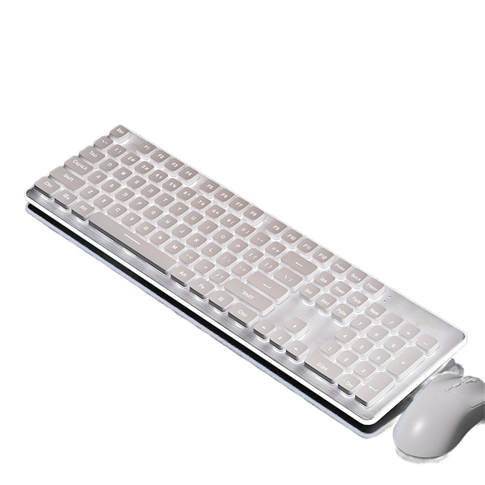 Silbernes Tastatur- und Maus-Set. Die Tastatur hat weiße Tasten und einen silbernen Rahmen. Die Maus ist weiß.