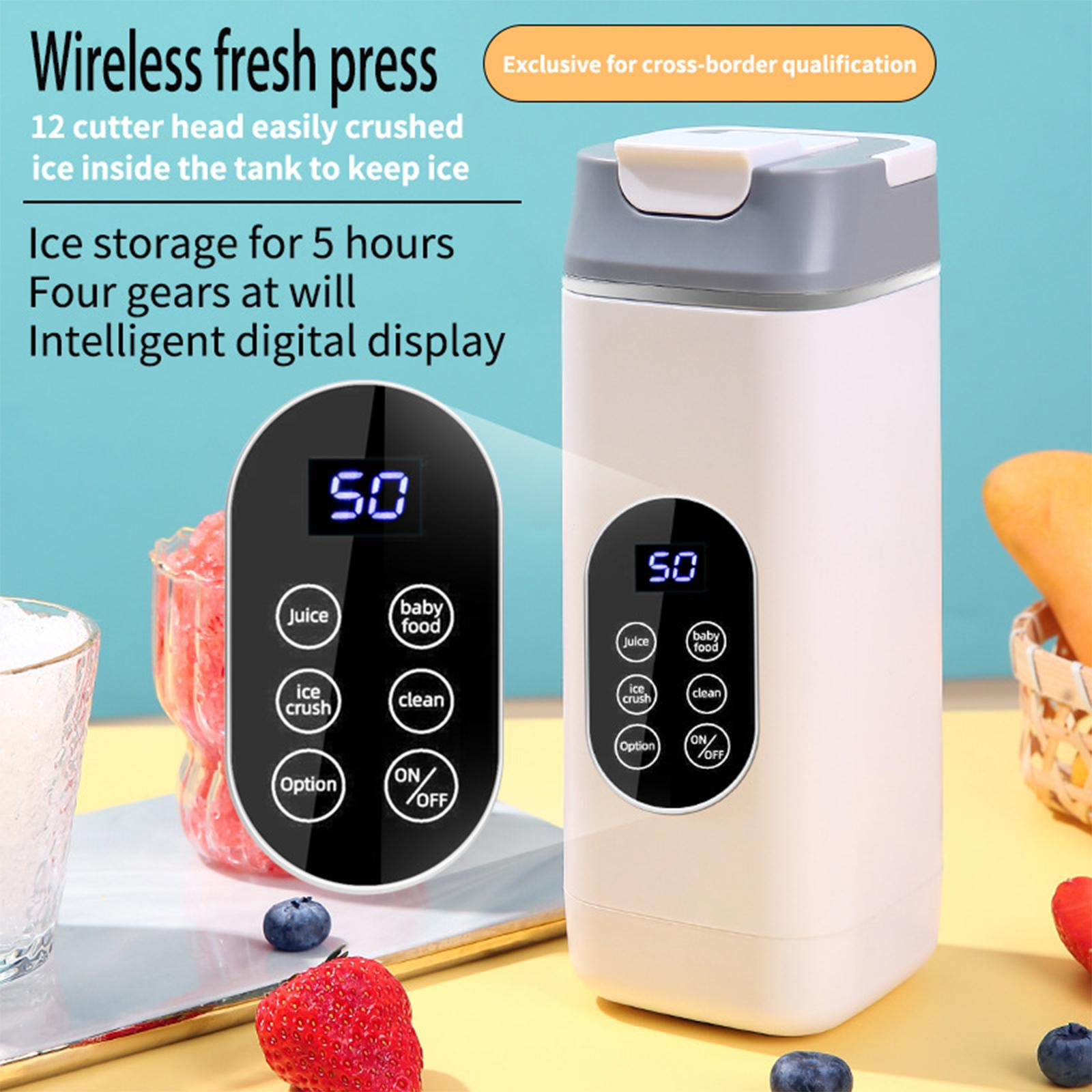 Weiß-grauer Mixer mit Digitalanzeige, Tasten für Saft, zerkleinern, Babynahrung, reinigen, ein/aus.
