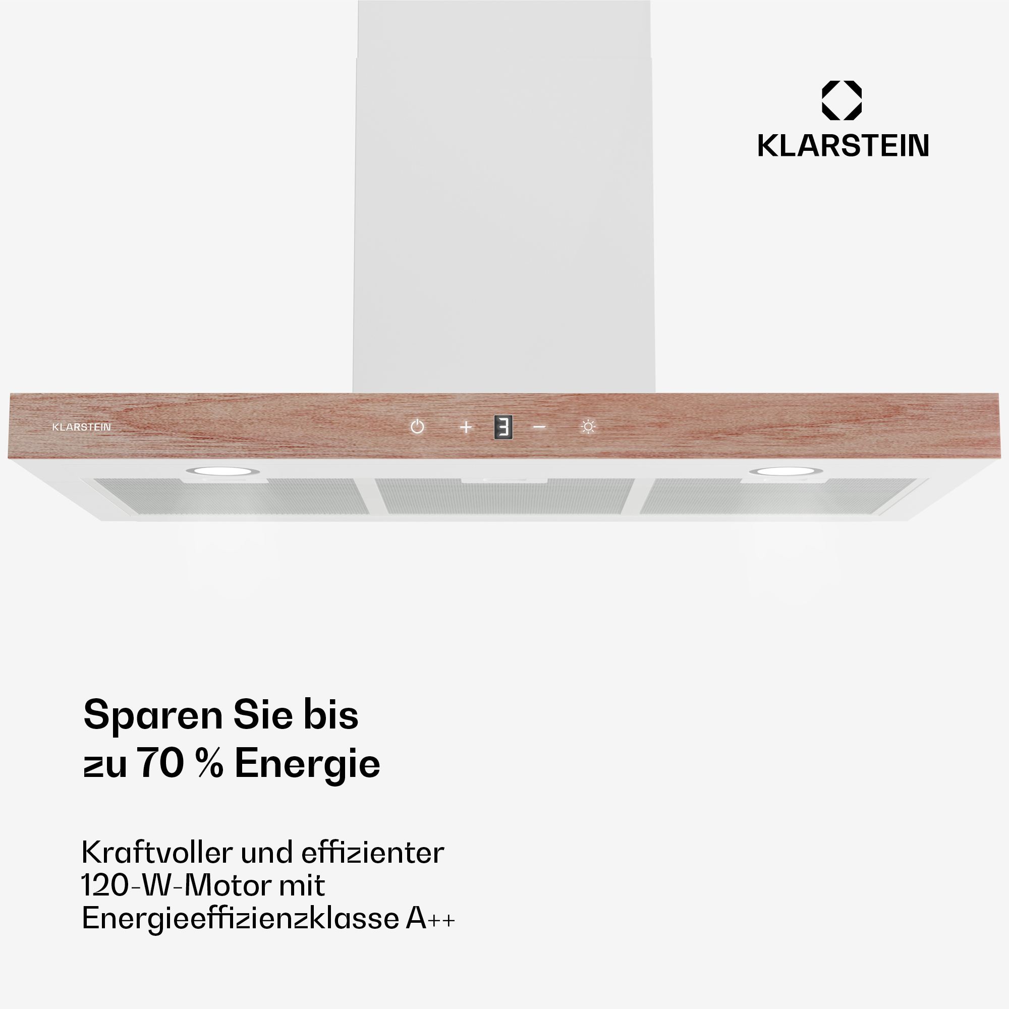 Campana extractora con panel de madera, marca Klarstein. Texto sobre eficiencia energética.