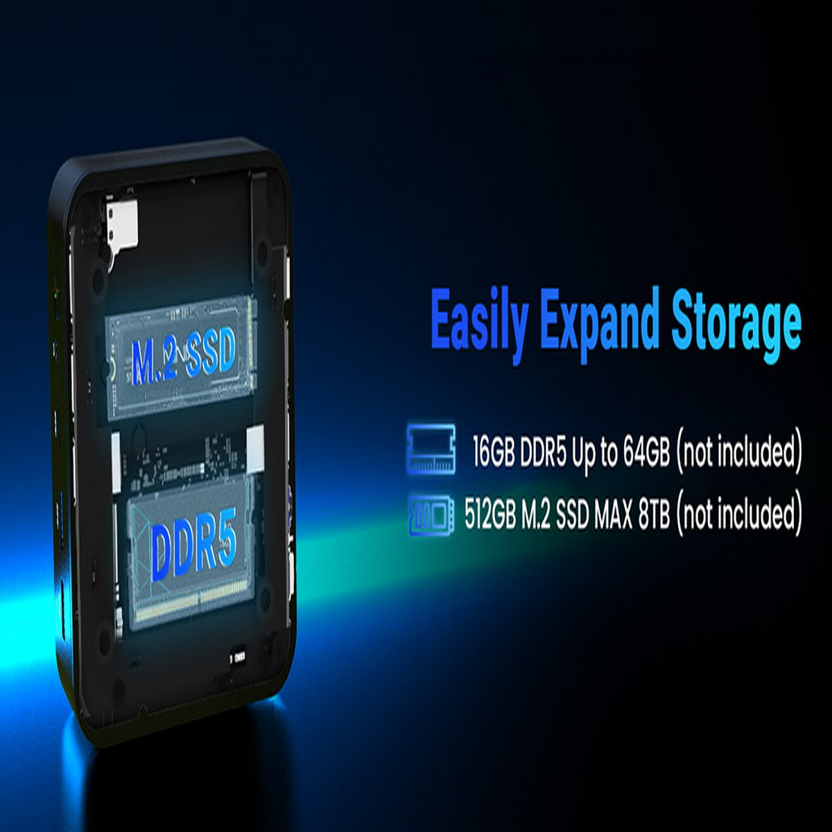 Otwarta obudowa komputera z widocznymi komponentami. Tekst wskazuje 16 GB pamięci RAM DDR5 i 512 GB M.2 SSD.