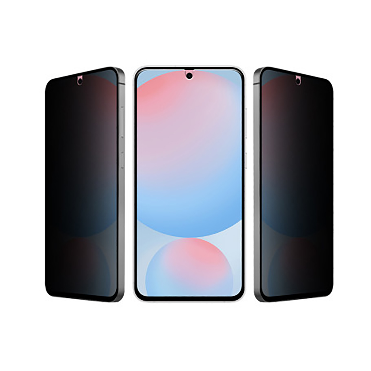 Drie telefoons, twee zwart scherm, één met kleurrijke achtergrond.