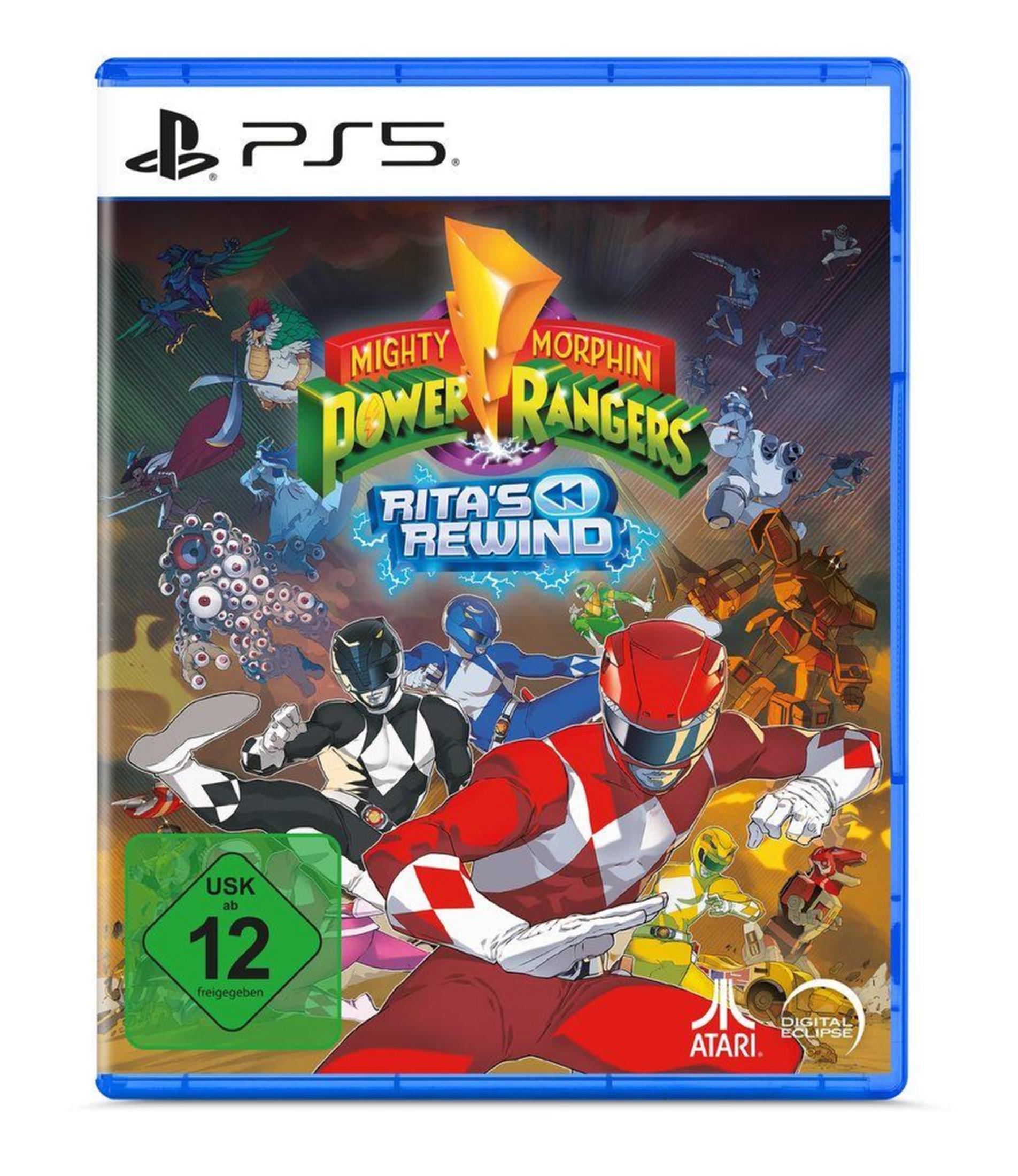 Eine blaue PS5-Spielhülle mit dem Power Rangers-Spielcover, das die Rangers und Monster zeigt.