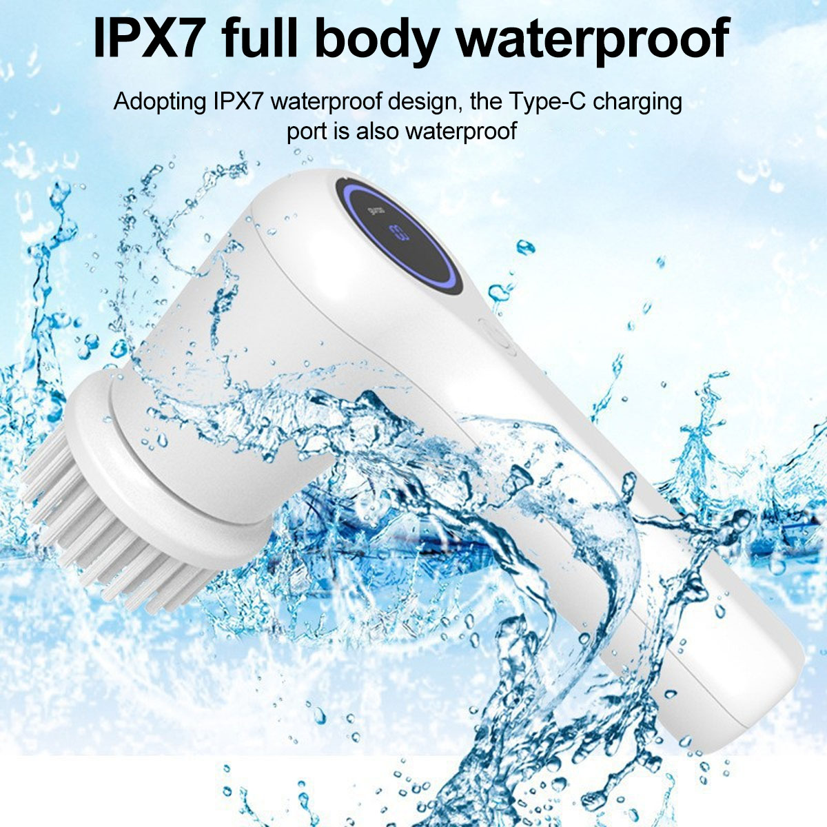 Weiße Reinigungsbürste mit Wasserspritzern, der Kopf ist nah, das Gerät ist weiß.