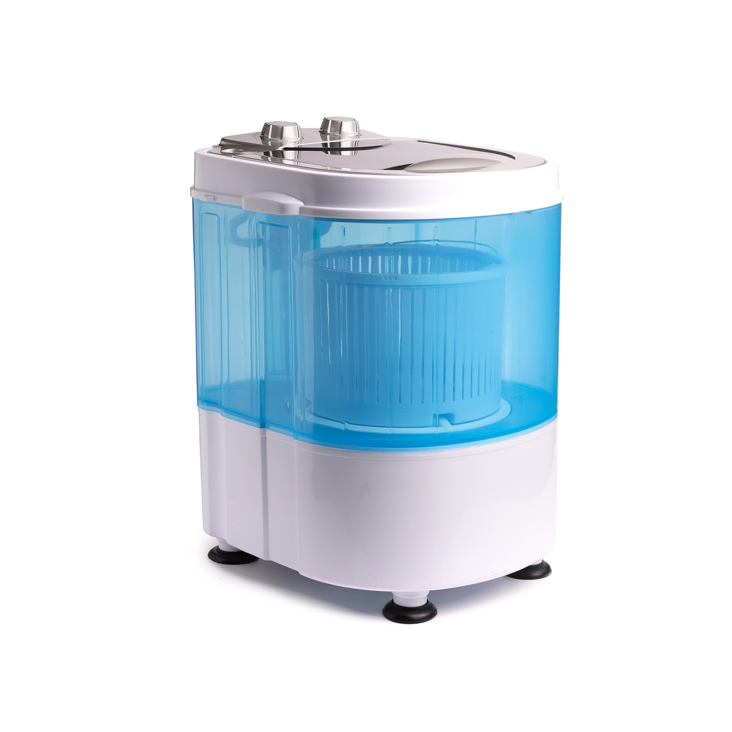 A blue and white portable washing machine with a closed lid on a white surface.