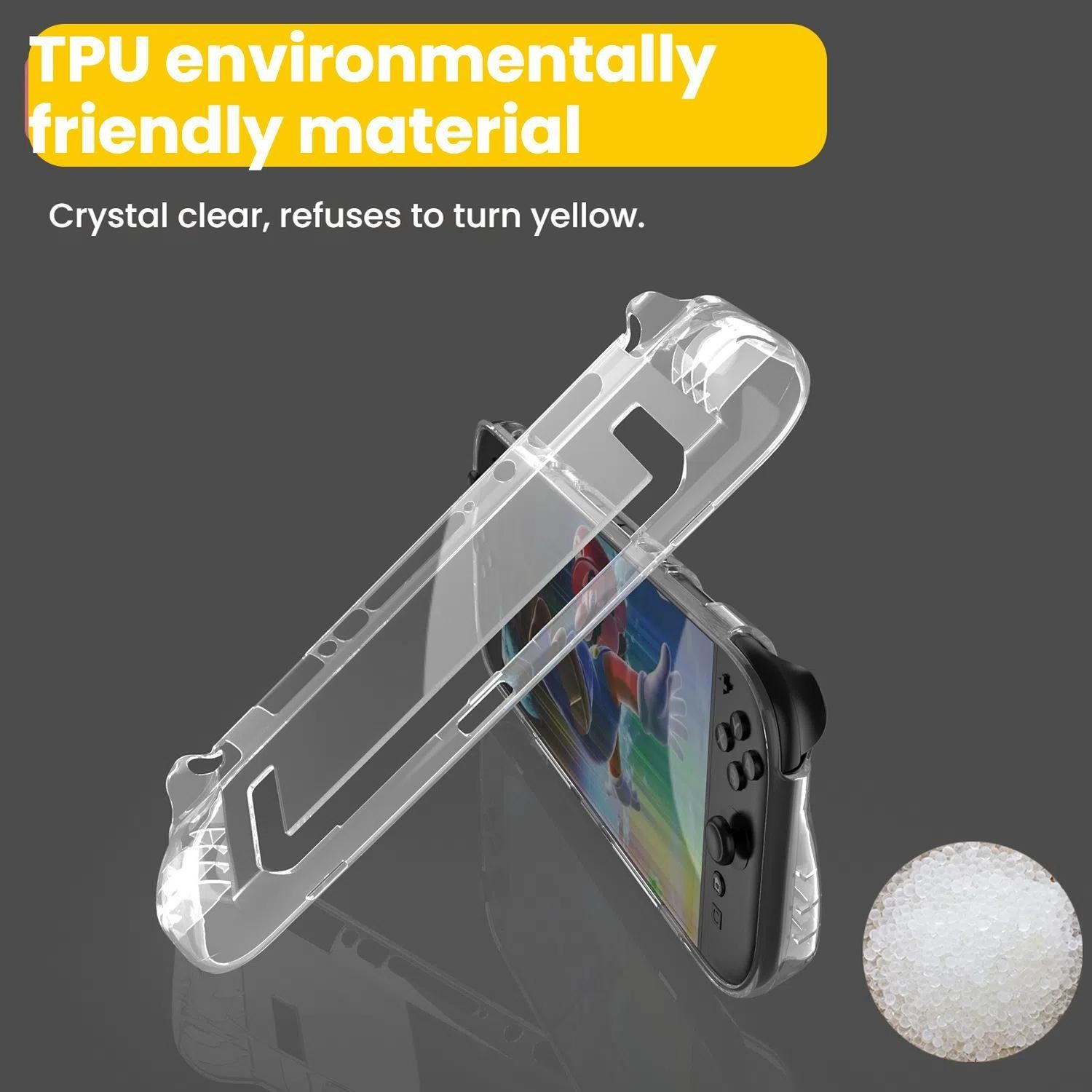 Nintendo Switch Konsole in einer transparenten Hülle, mit Text über das Material.