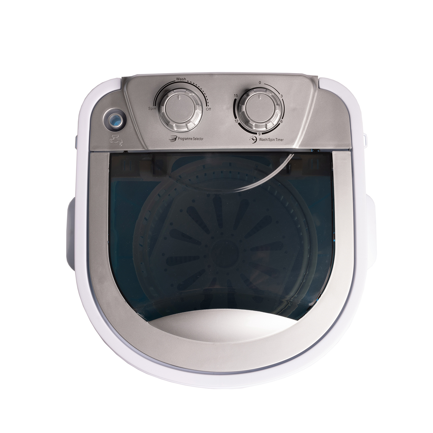 Top view of a portable washing machine with dials and a transparent lid.