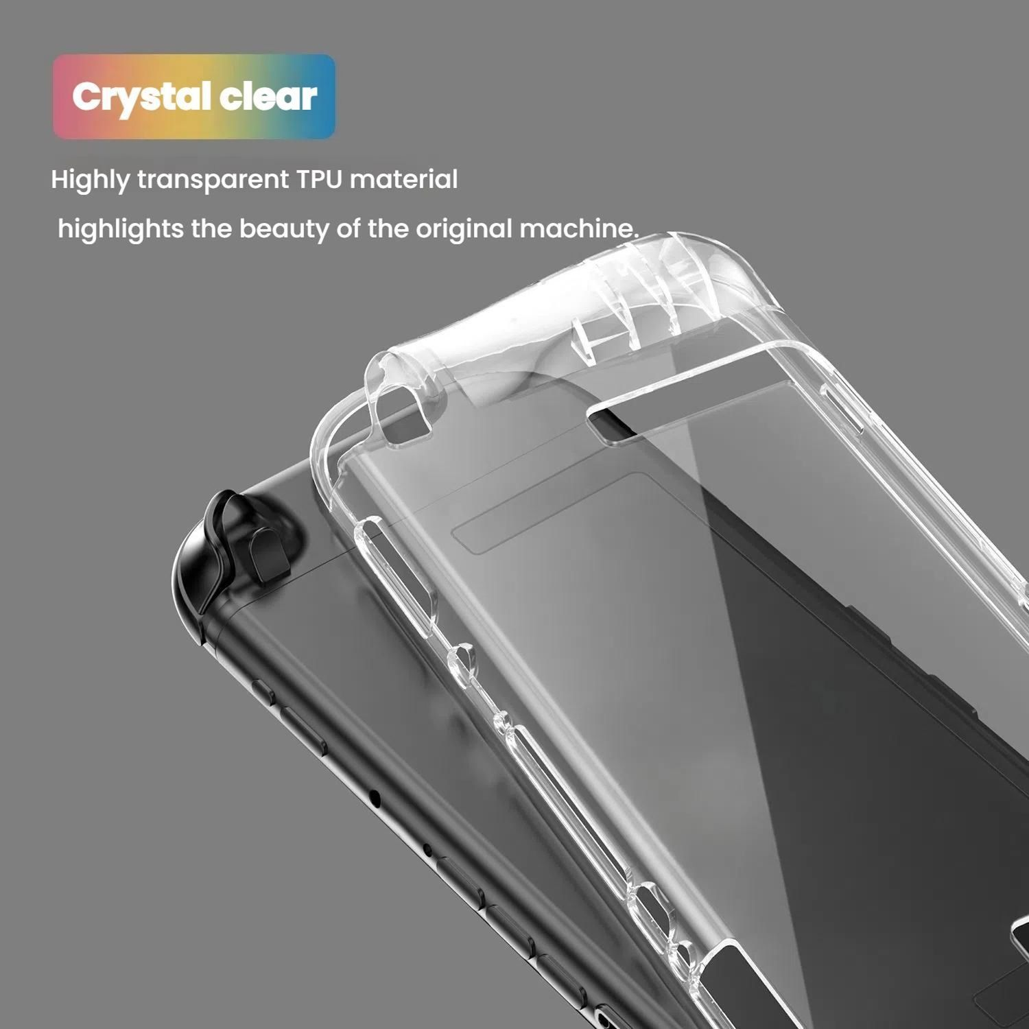 Eine Handyhülle mit einem Telefon darin. Die Hülle ist transparent, der Hintergrund grau.
