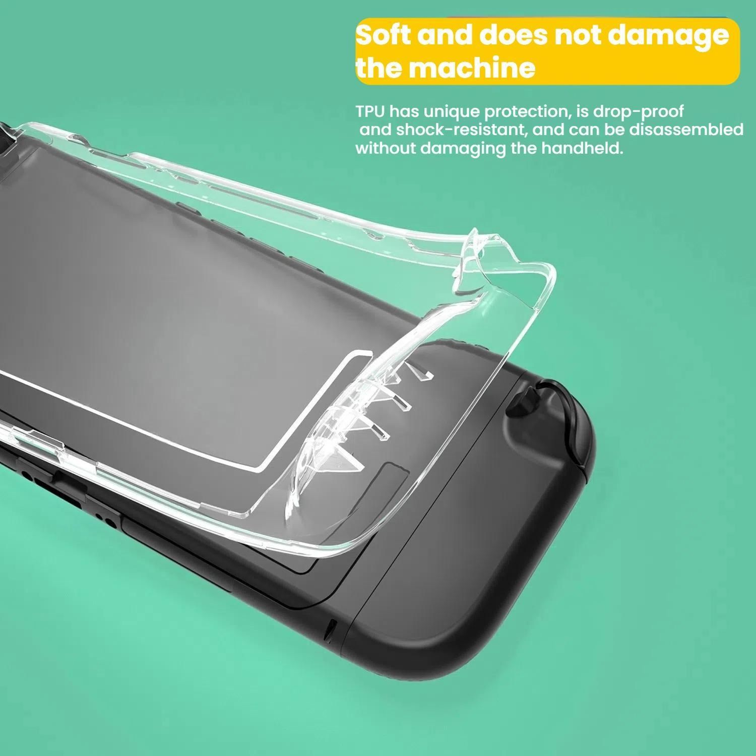 Eine Handyhülle mit einem Telefon darin. Die Hülle ist transparent, der Hintergrund grün.