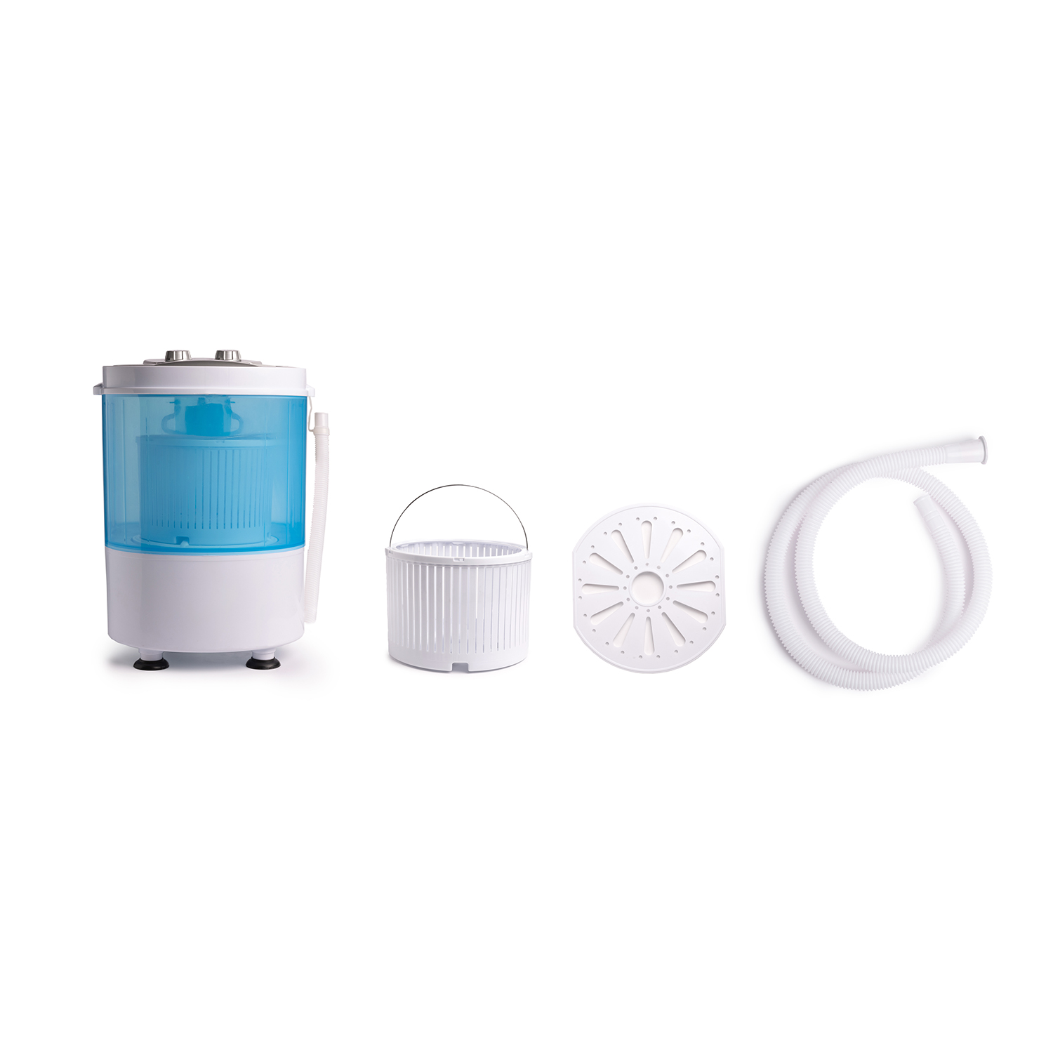 Small washing machine with accessories, isolated on white background.