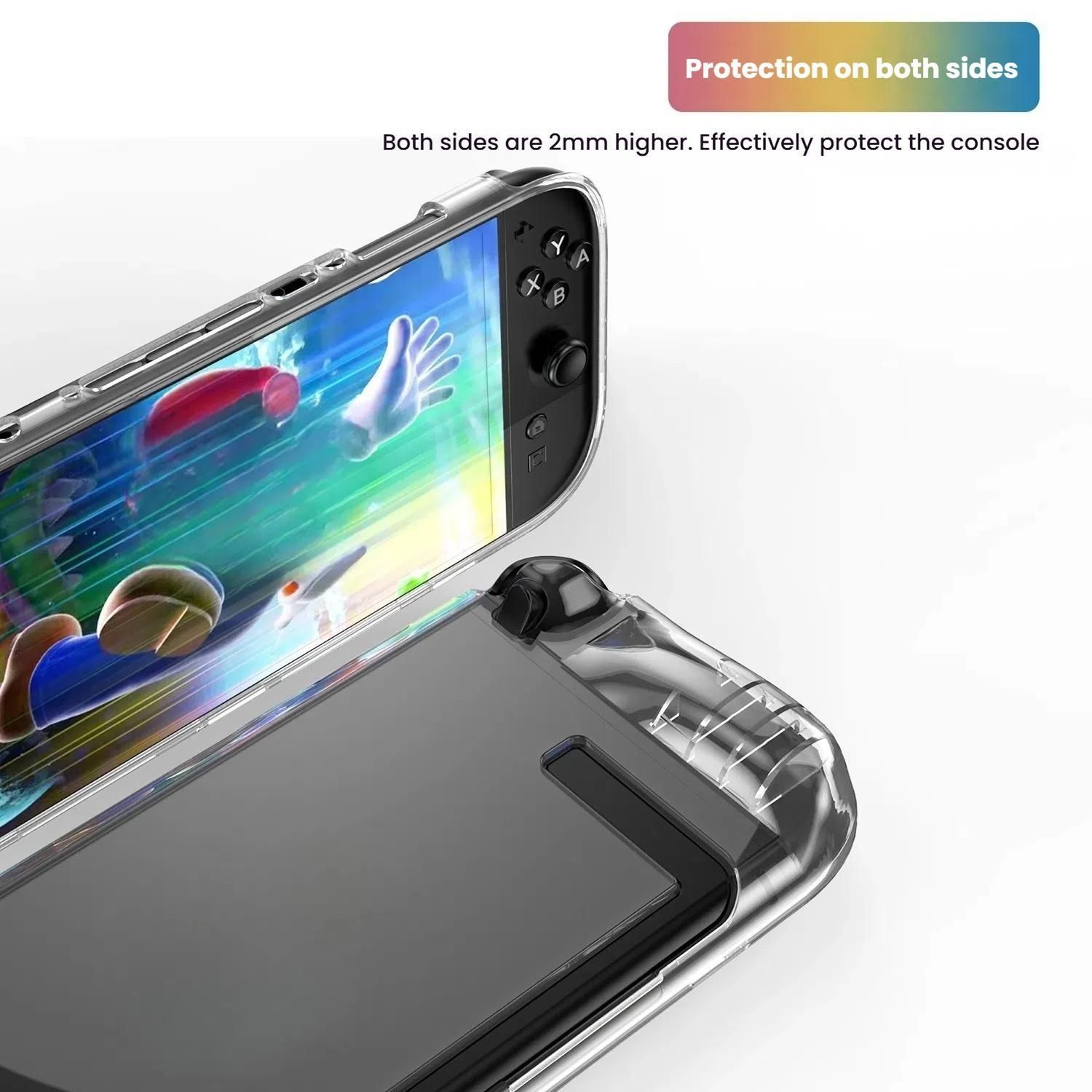 Nintendo Switch Konsole in einer transparenten Hülle, die den Schutz auf beiden Seiten zeigt.