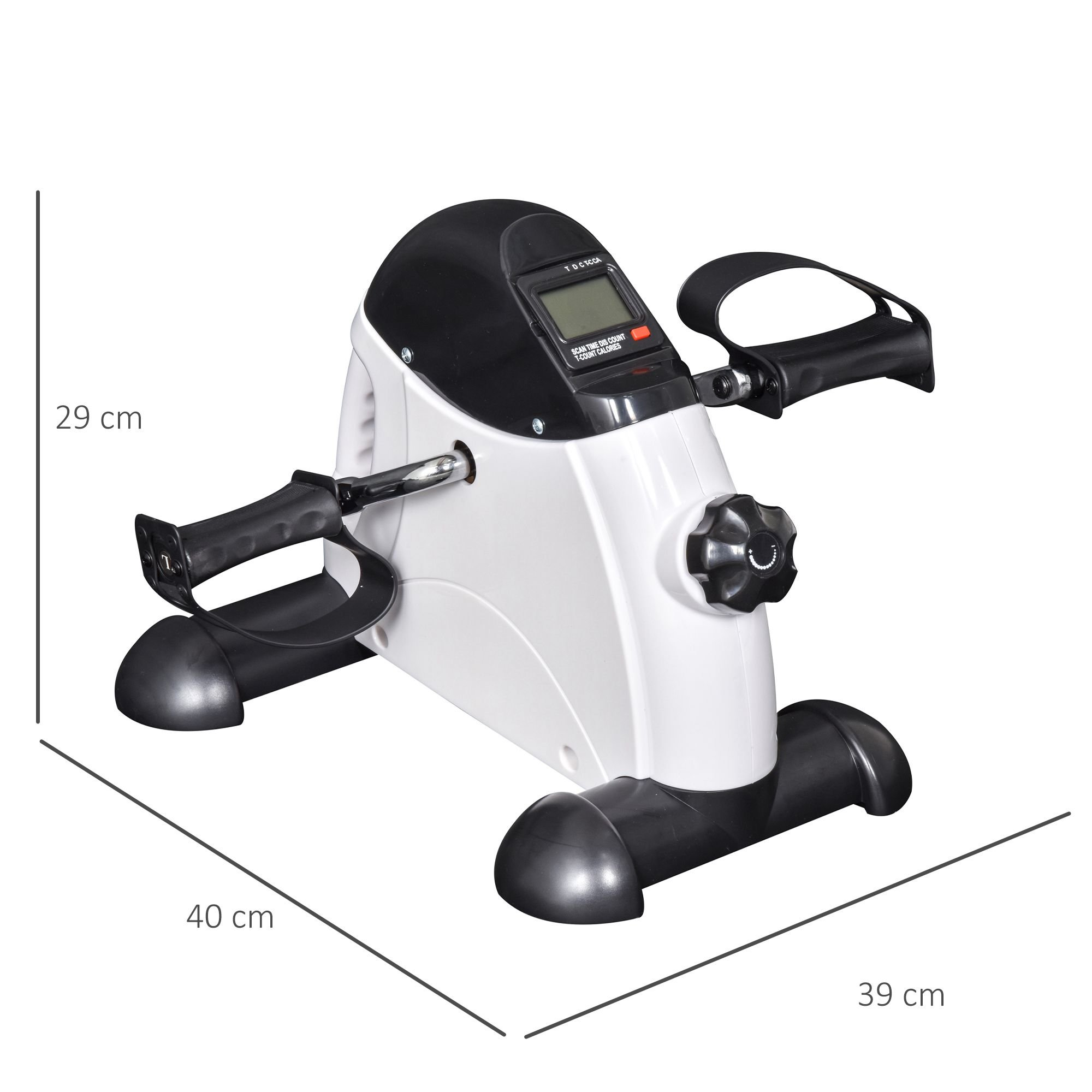 Weißes und schwarzes Heimtrainer, Abmessungen sind angegeben. 29 cm Höhe, 40 cm Breite und 39 cm Tiefe.