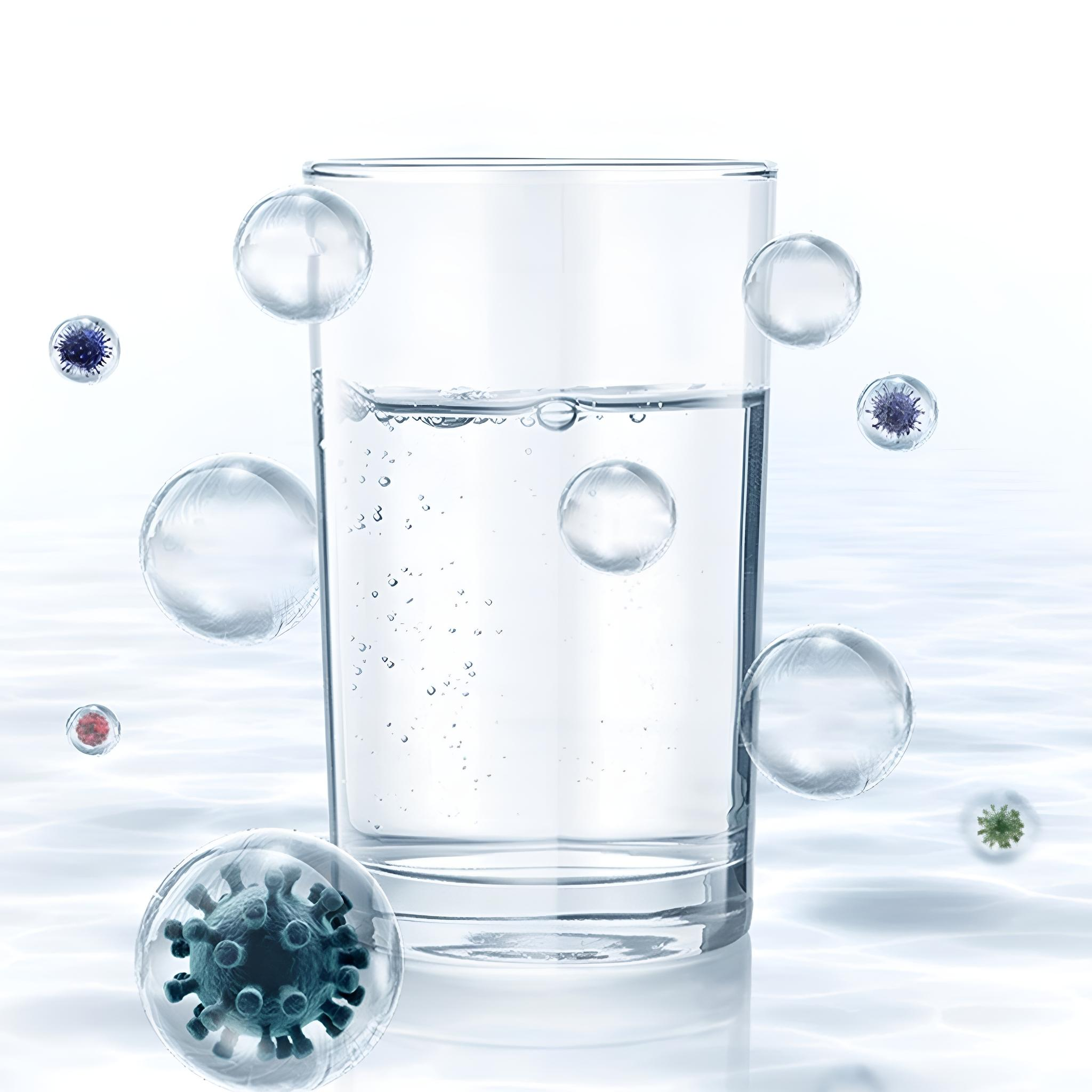 Ein Glas Wasser mit Blasen und kleinen, dunklen Viruspartikeln, die darin schwimmen.