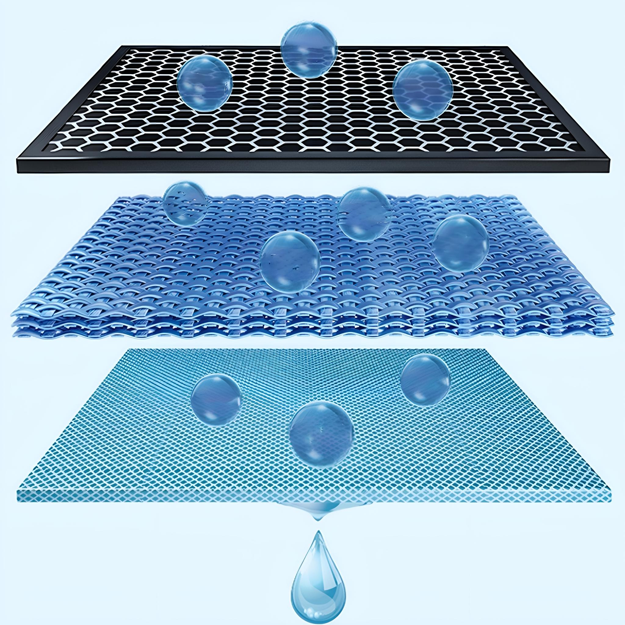 Geschichteter Filter mit Wassertropfen, in einer Schnittansicht gezeigt. Blaues und schwarzes Gittermuster.