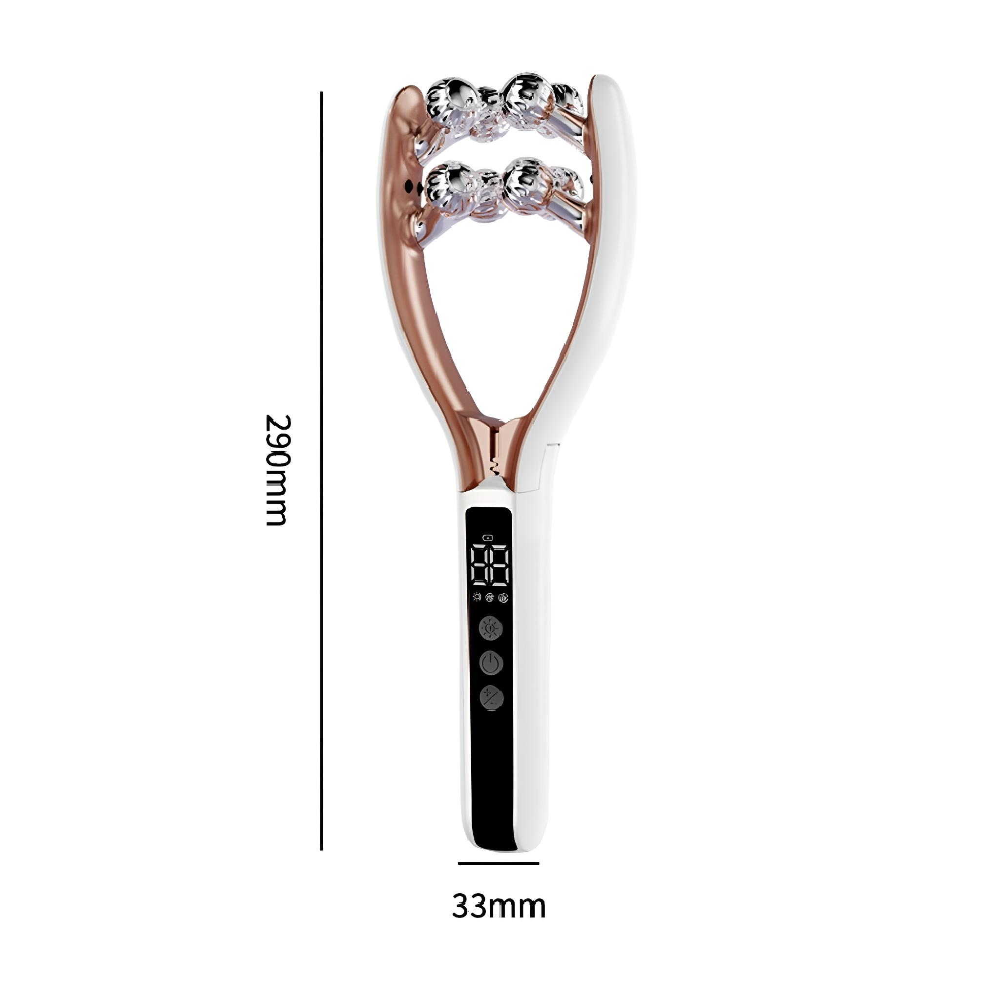 Ein weißes und roségoldenes Gesichtsmassagegerät mit den Maßen 290 mm und 33 mm.