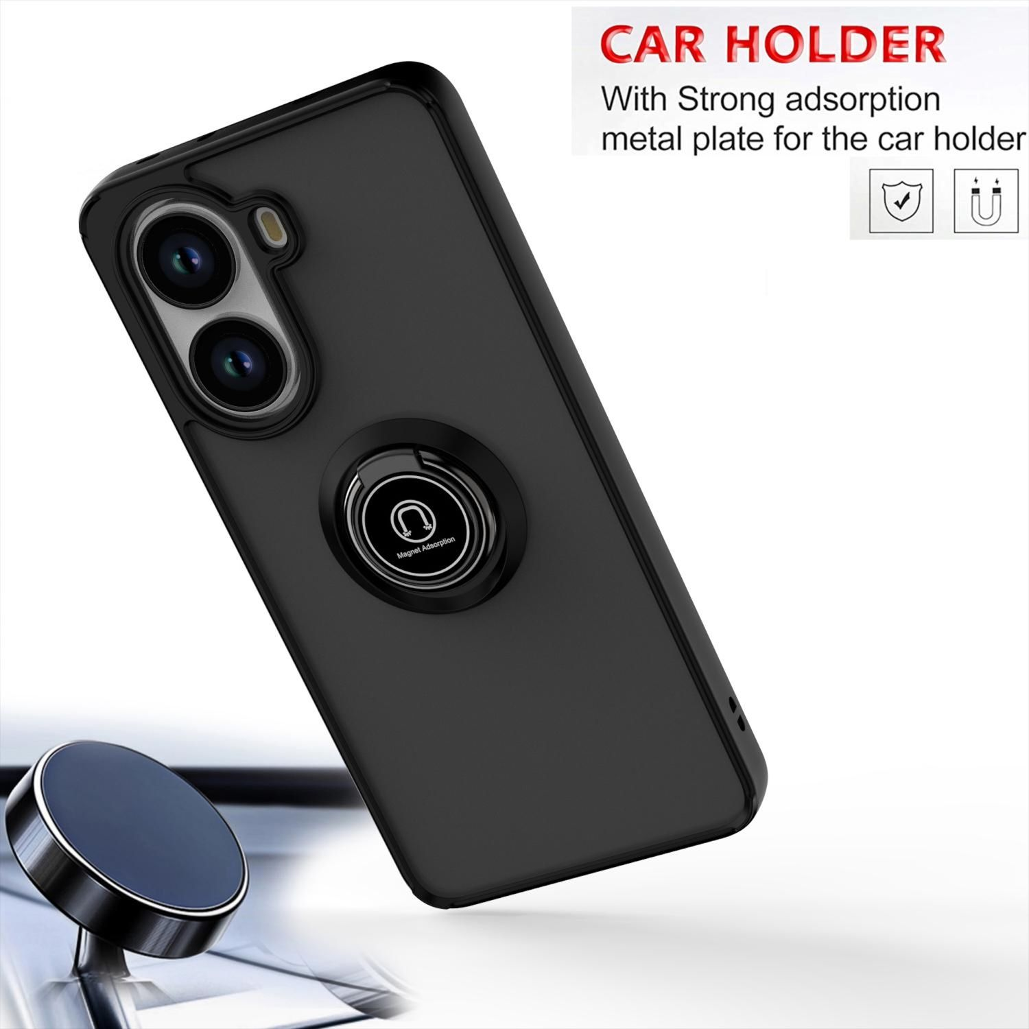 Funda negra con soporte de anillo y soporte para coche. Texto: Soporte para coche con fuerte adsorción.