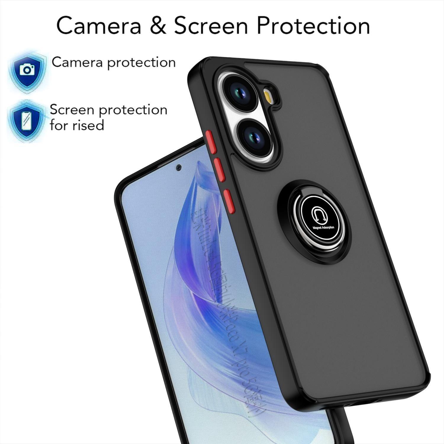 Funda negra con anillo, texto: protección de cámara y pantalla. Fondo blanco.