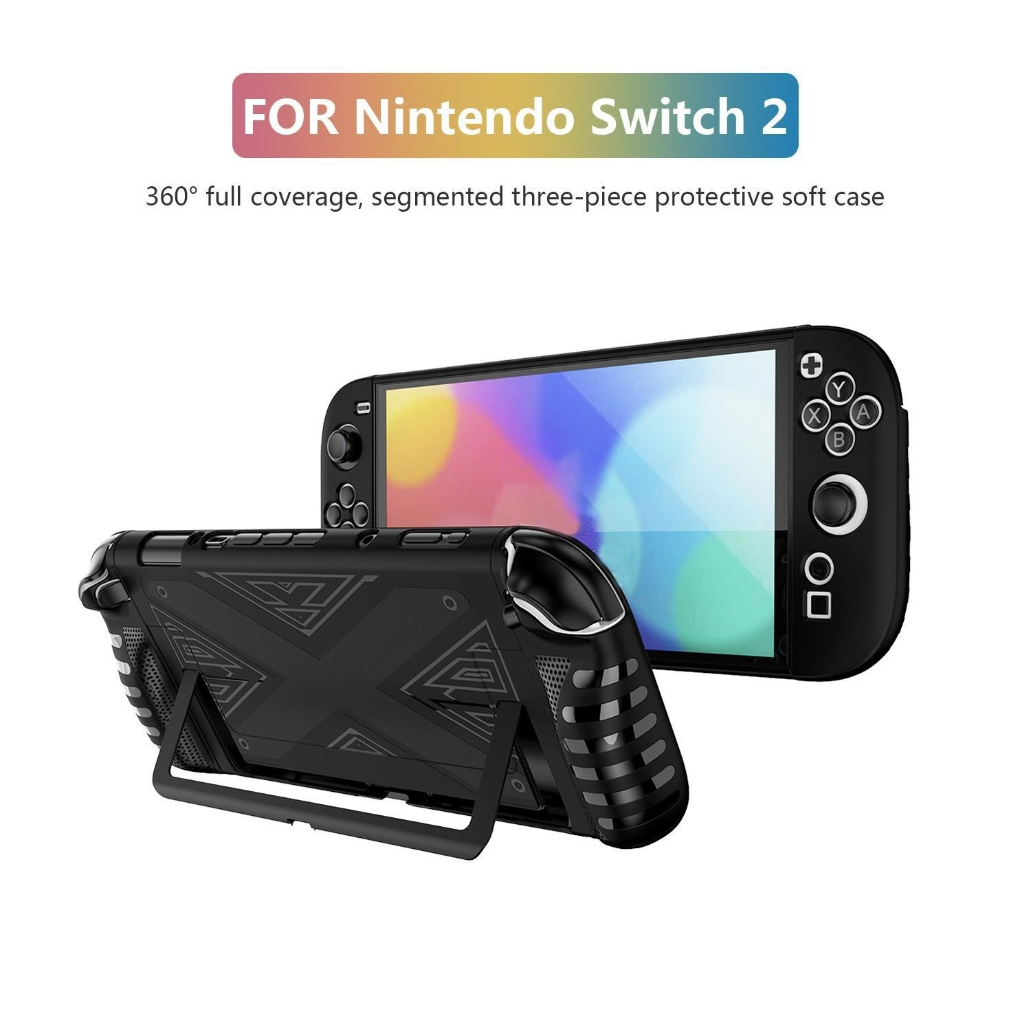 Una funda negra para consola de juegos, con pantalla y controles de botón, con un soporte.