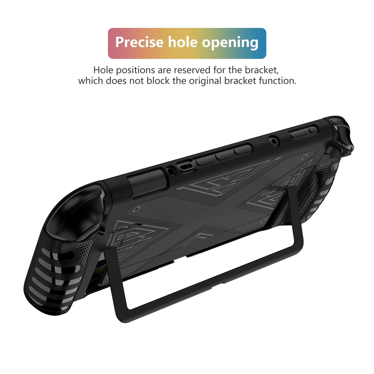 Una funda negra para consola de juegos con un soporte. La funda está sobre un fondo blanco.