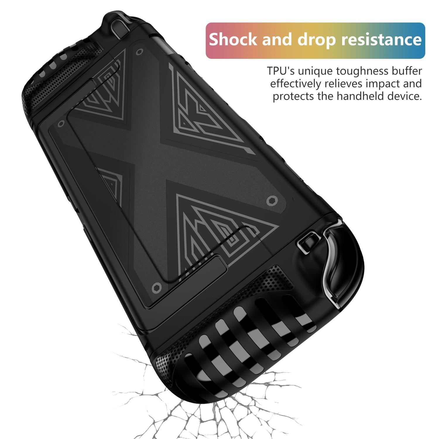 Funda negra para dispositivo de juego, en ángulo, con texto 'Resistencia a golpes y caídas'.