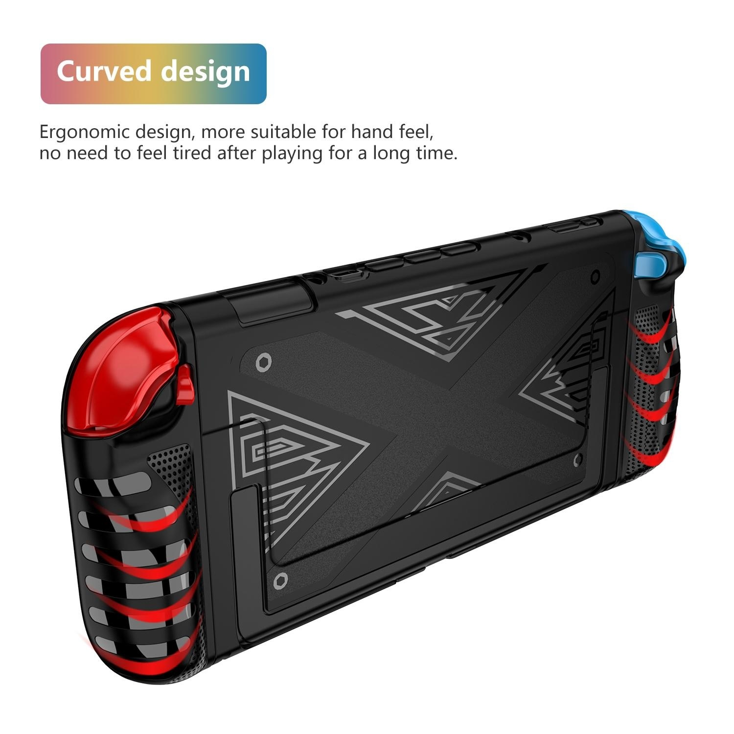 Una funda negra para consola de juegos con detalles en rojo y azul. La funda está sobre un fondo blanco.