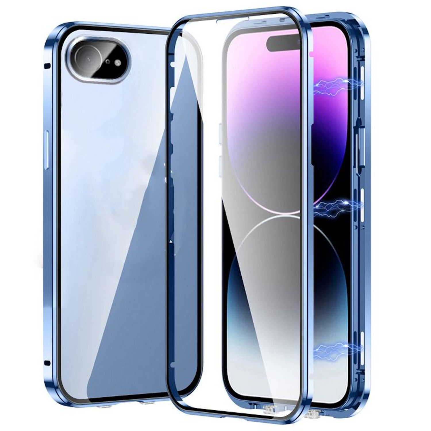 Eine transparente Handyhülle mit blauem Rahmen, die das Telefon im Inneren zeigt.