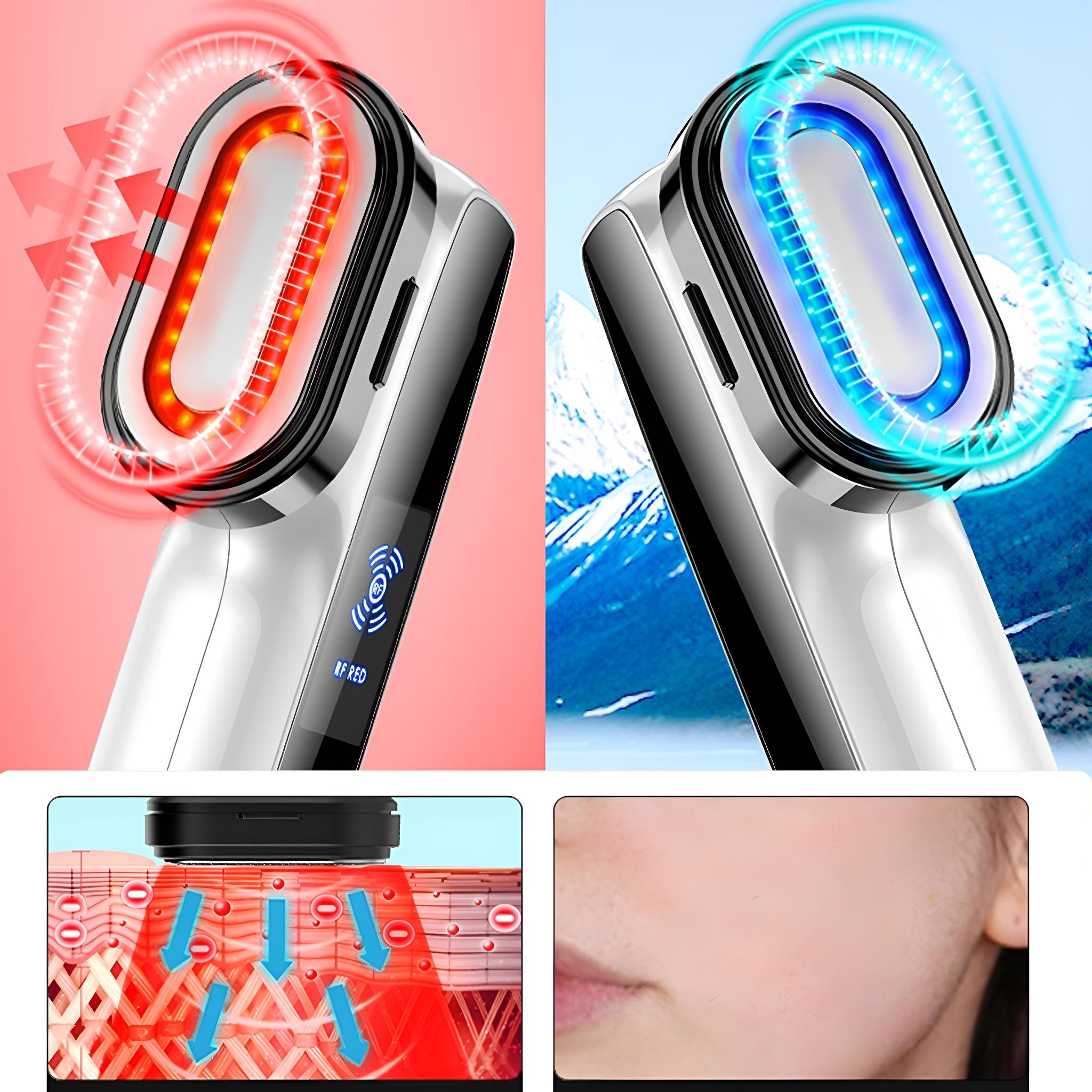 Zwei Gesichtsgeräte nebeneinander mit rotem und blauem Licht und Diagrammen, vor einem Hintergrund.