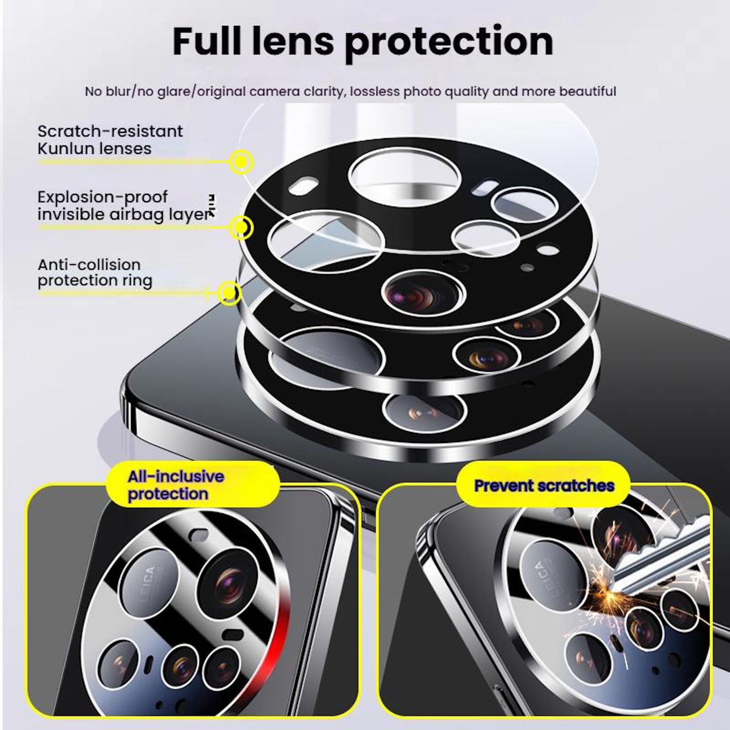 Protector de pantalla del teléfono. Capas claras, etiquetas. Protección total de la lente y todo incluido.