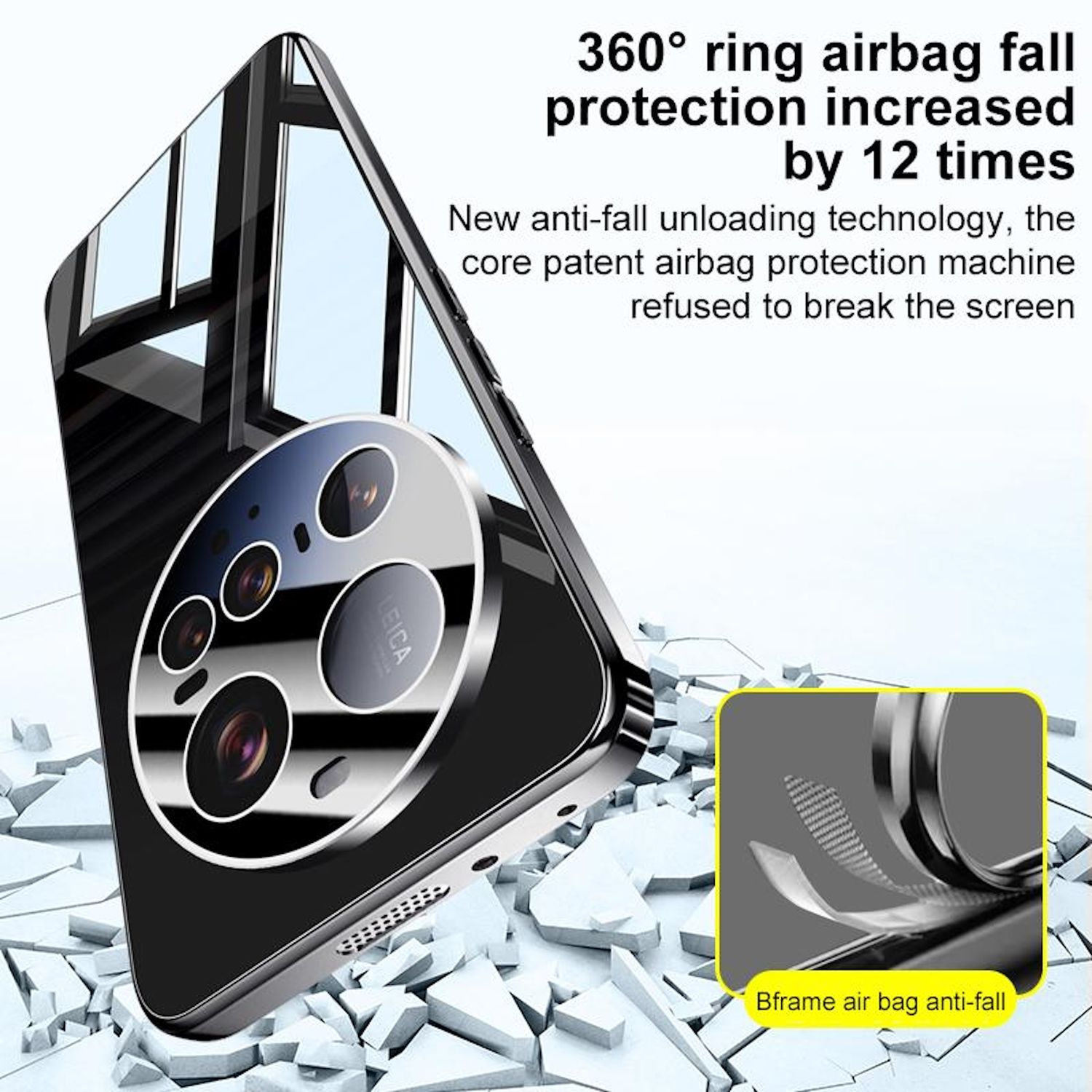 Funda de teléfono negra con anillo protector, texto y un diagrama que muestra un sistema de protección contra caídas.