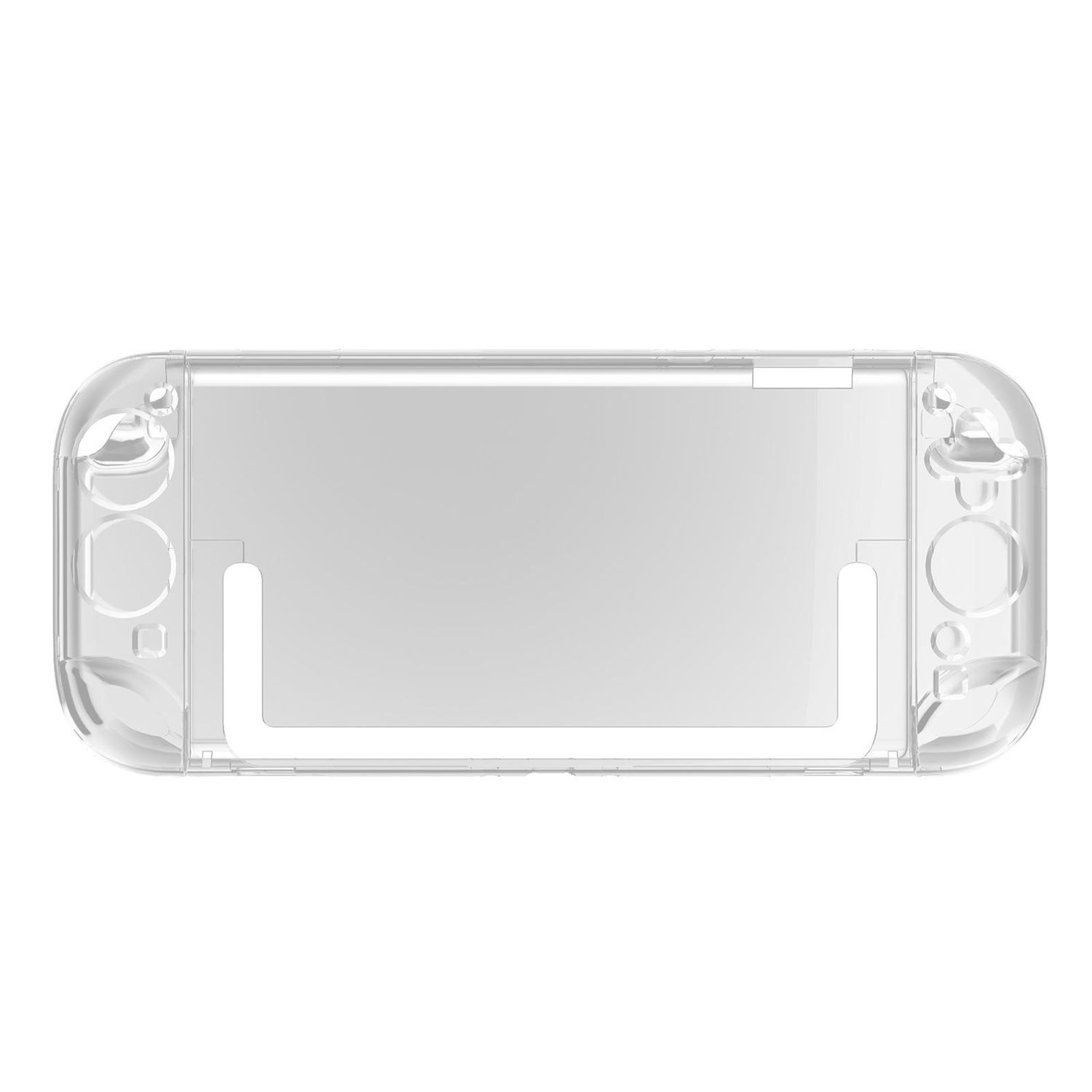 Funda protectora transparente para un dispositivo de juego, mostrando su forma. Fondo blanco.