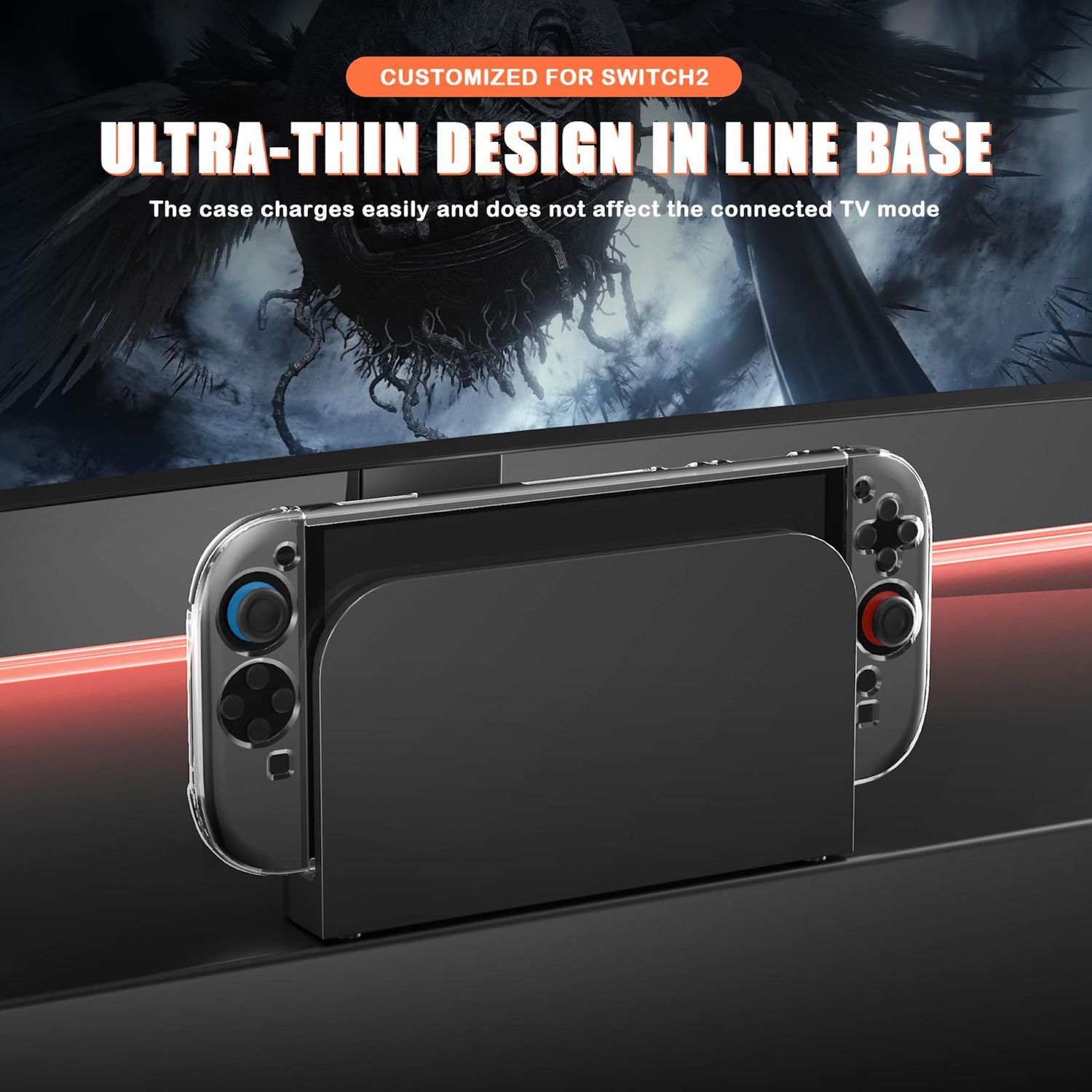 Switch con funda sobre una base negra. La funda tiene lados transparentes. Botones grises.