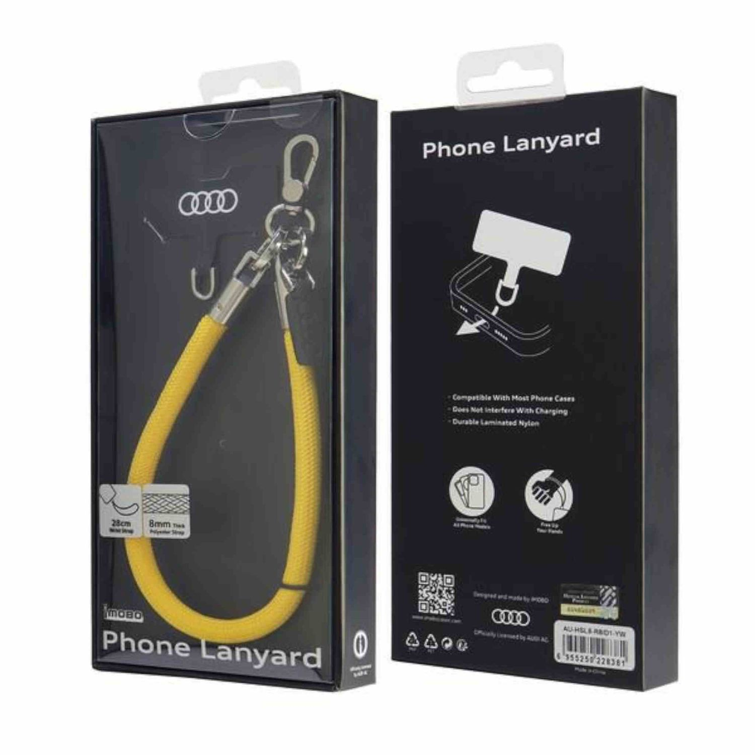 Handy-Lanyard in einer Box, gelbes Kabel mit Metallverschluss. Schwarzer Hintergrund.