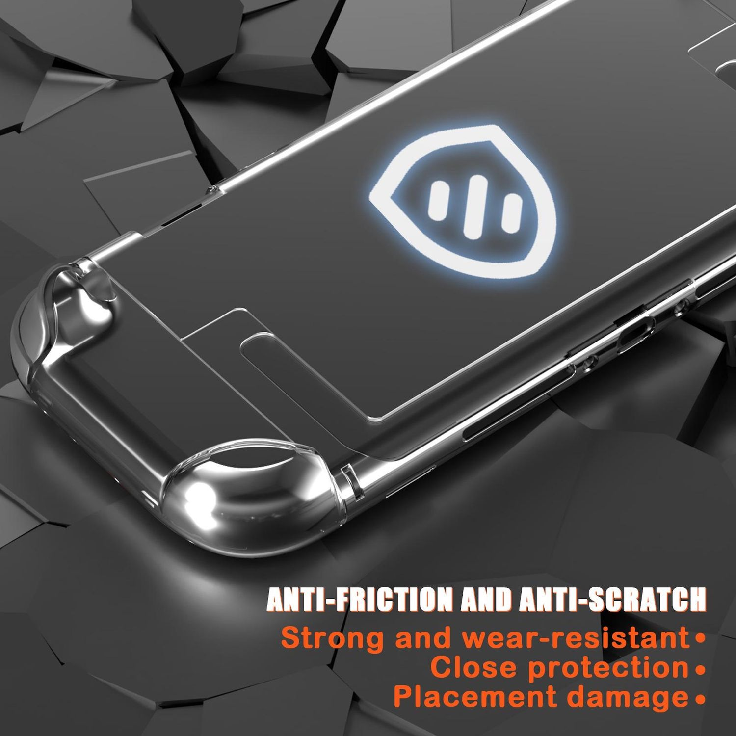 Funda transparente para teléfono con logo de escudo brillante sobre fondo oscuro.