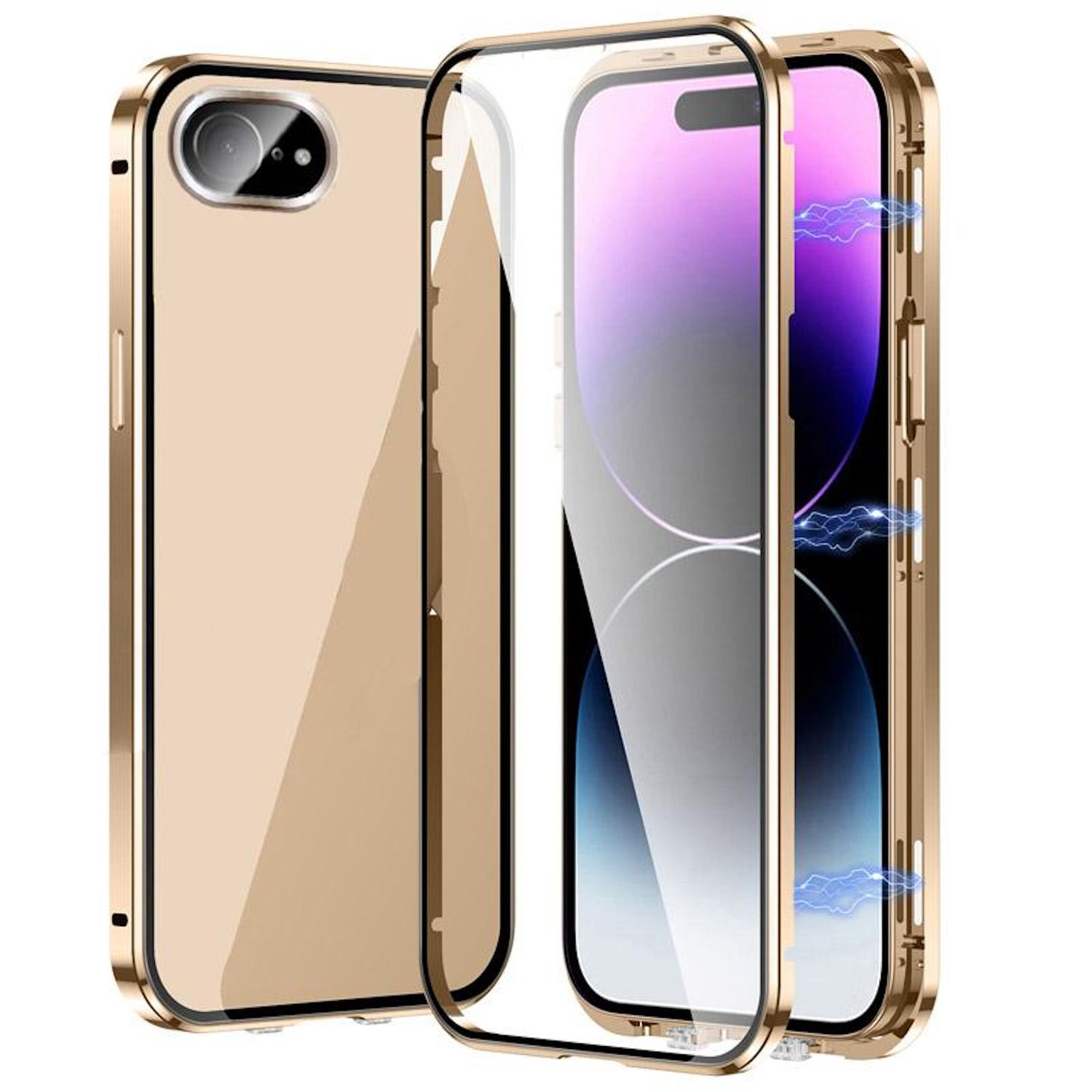 Goldene Handyhülle, klare Frontabdeckung. Handy-Bildschirm wird angezeigt. Goldener Rahmen um das Telefon.