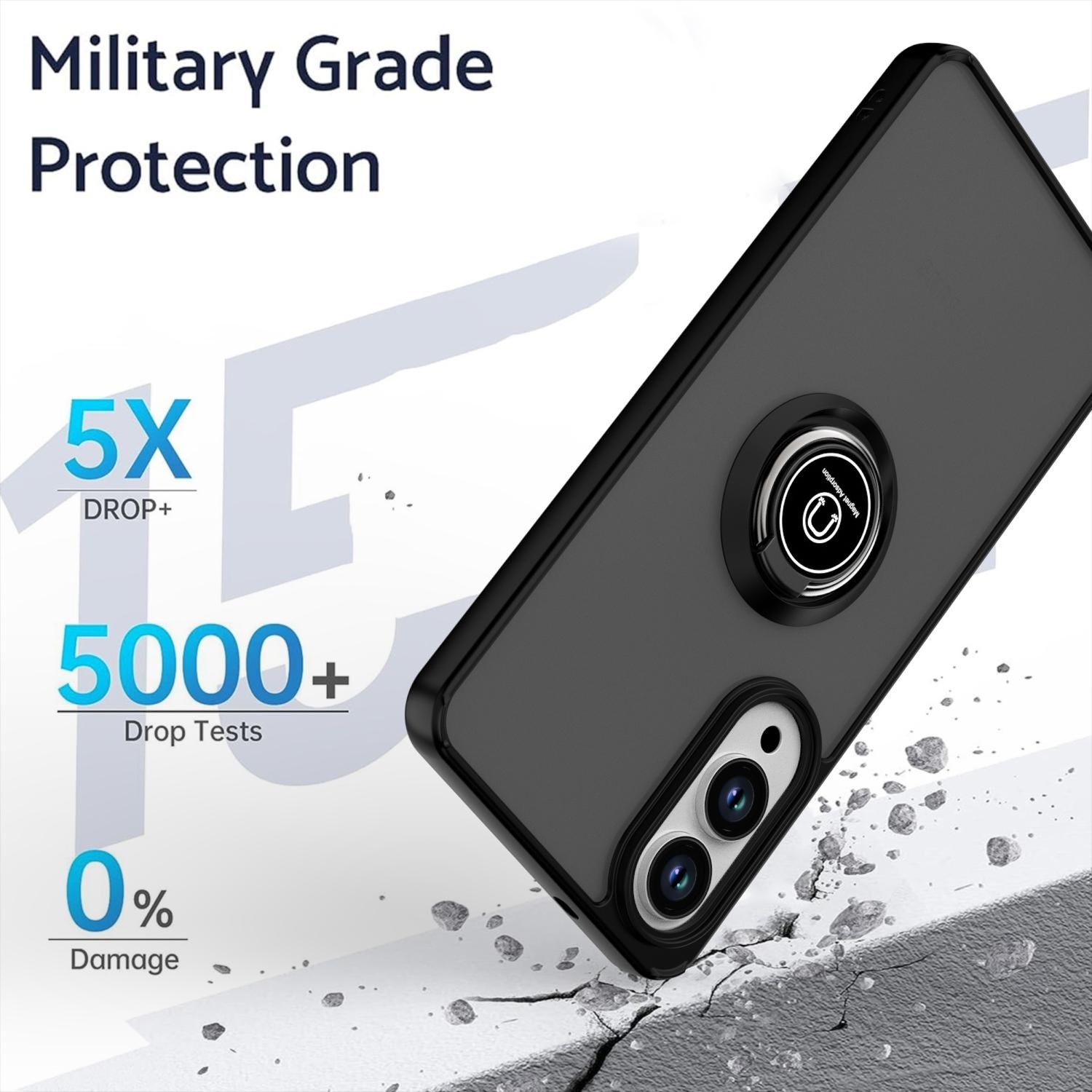 Schwarze Handyhülle, Schutz in Militärqualität. Zeigt Falltests und 0% Schäden.