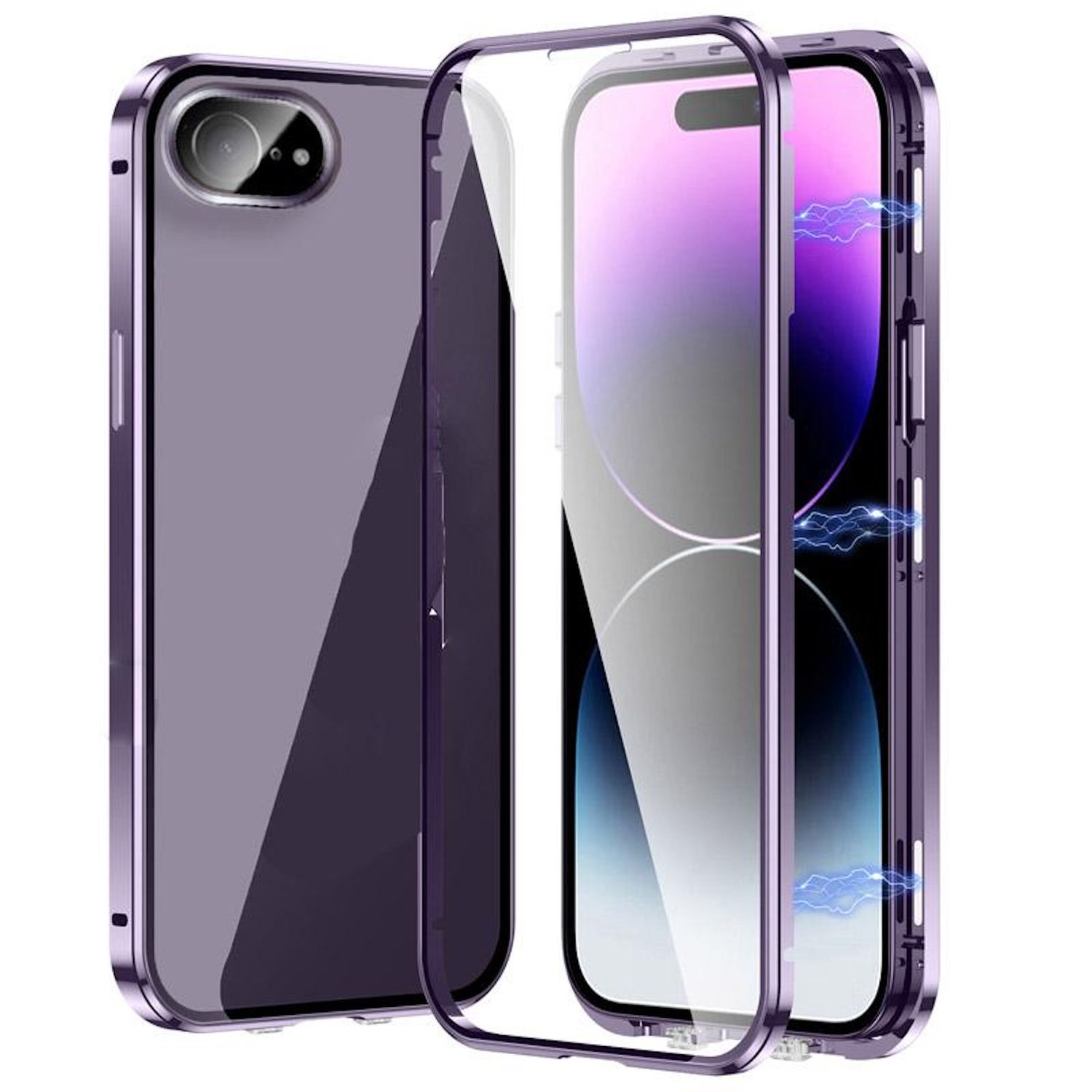 Lila Handyhülle. Transparente Rückseite, magnetische Befestigung. Zeigt das Telefoninnere.