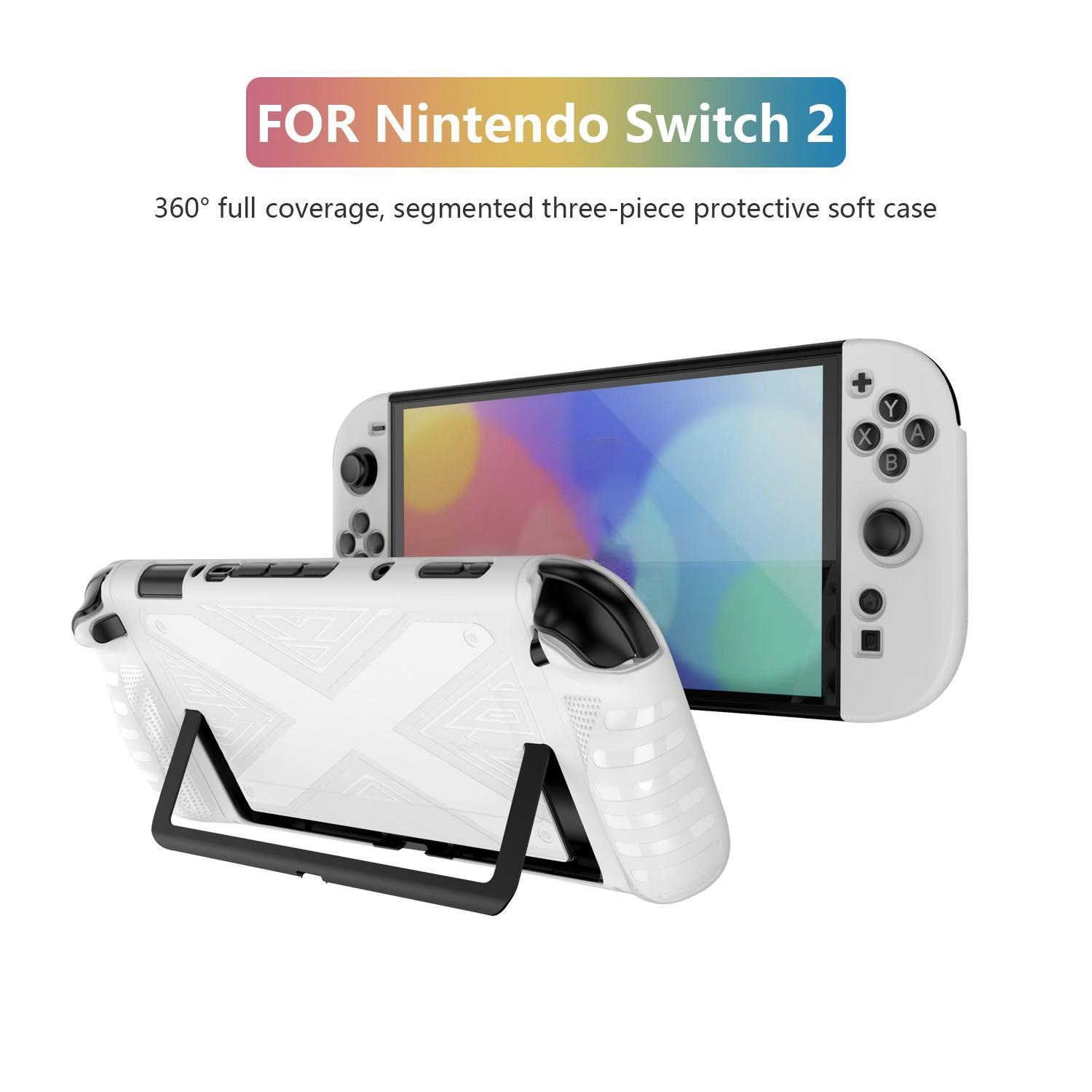 Funda Nintendo Switch 2 con consola y Joy-Cons. Diseño blanco, protector y segmentado.
