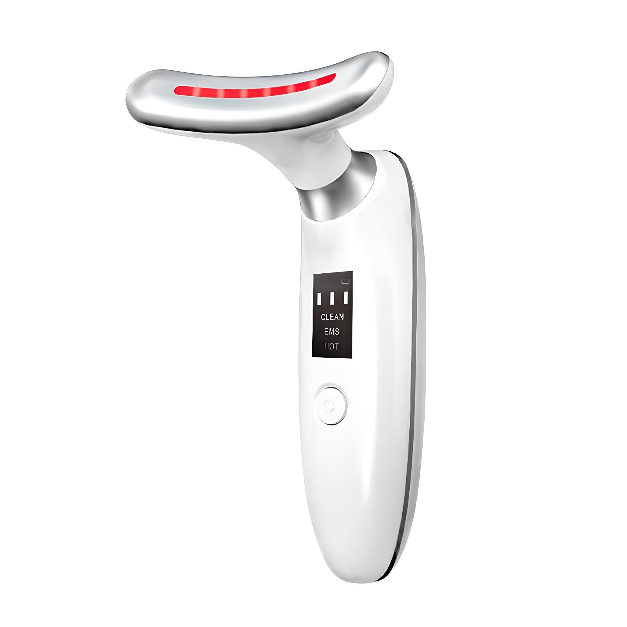 Weißes und silbernes Gesichtsmassagegerät. Rote Lichter oben, LCD-Bildschirm.