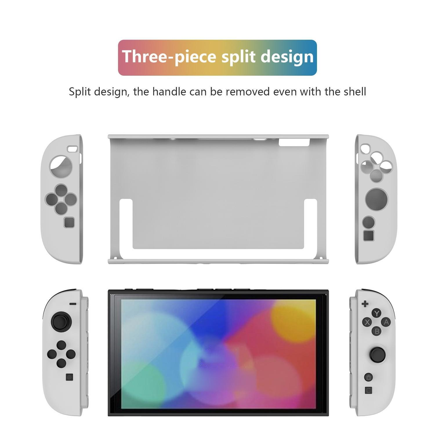 Componentes de Nintendo Switch. Separados. Joy-Cons, consola y carcasa protectora.