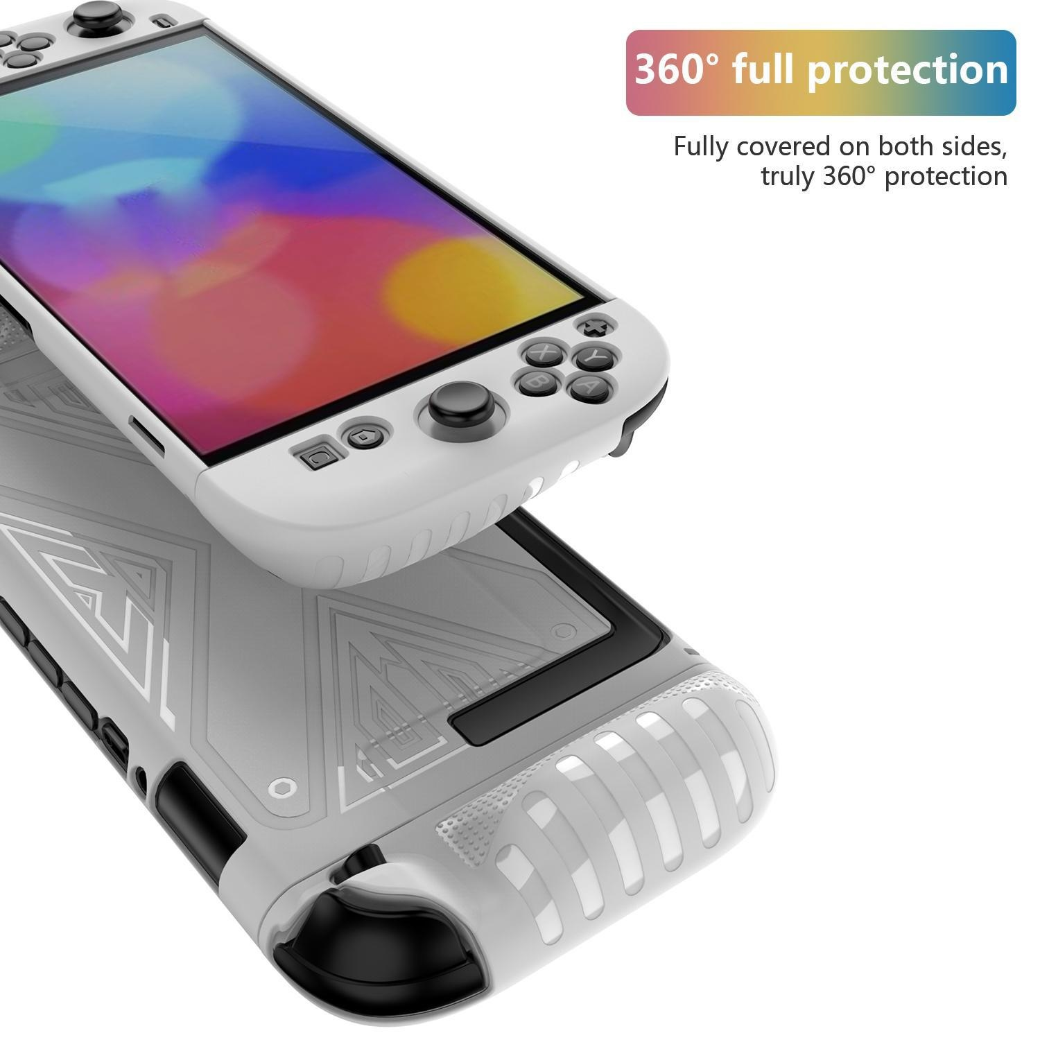 Funda blanca para consola de juegos con pantalla. Texto: 'Protección total 360°' y 'Totalmente cubierto'.