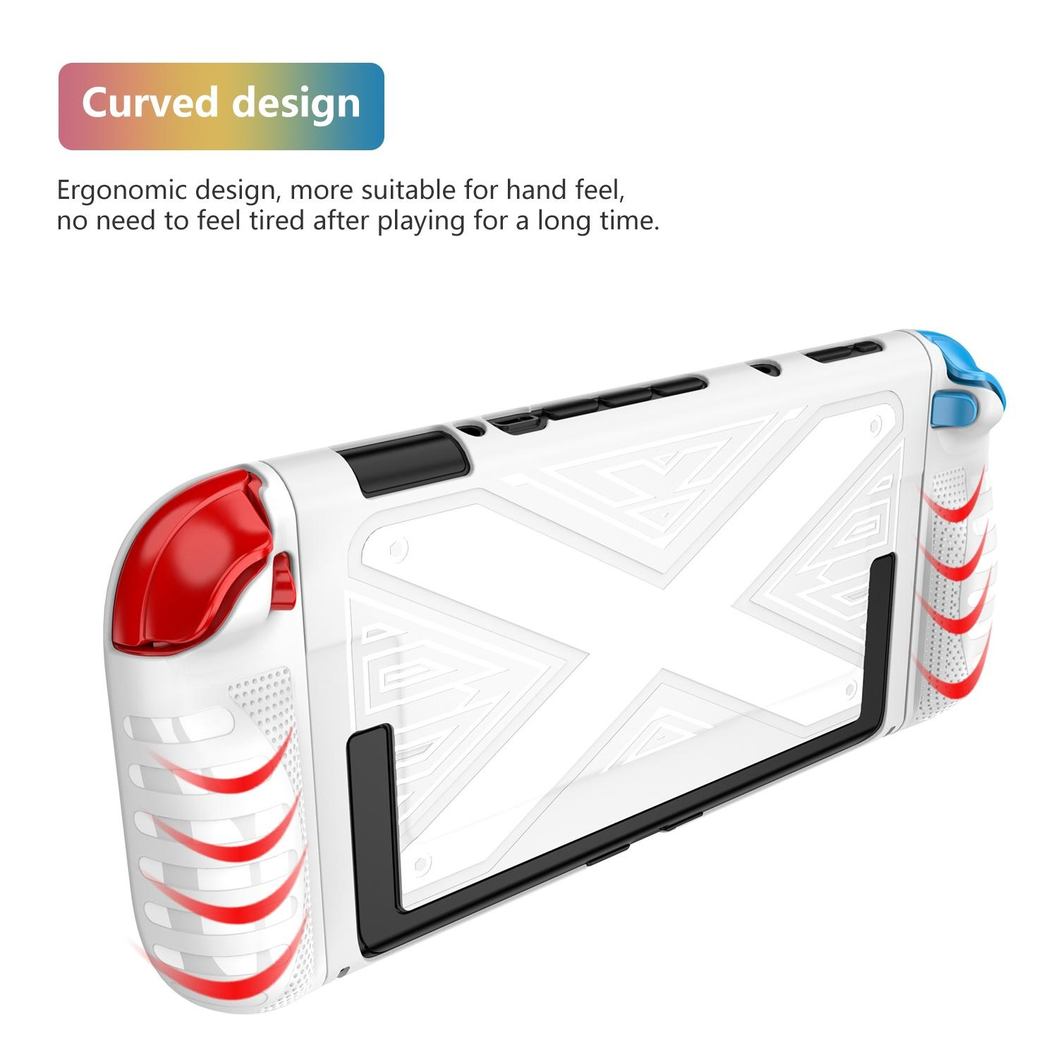Carcasa trasera blanca de consola de juegos con detalles rojos y azules. Texto: 'Diseño curvado' y 'Ergonómico'.
