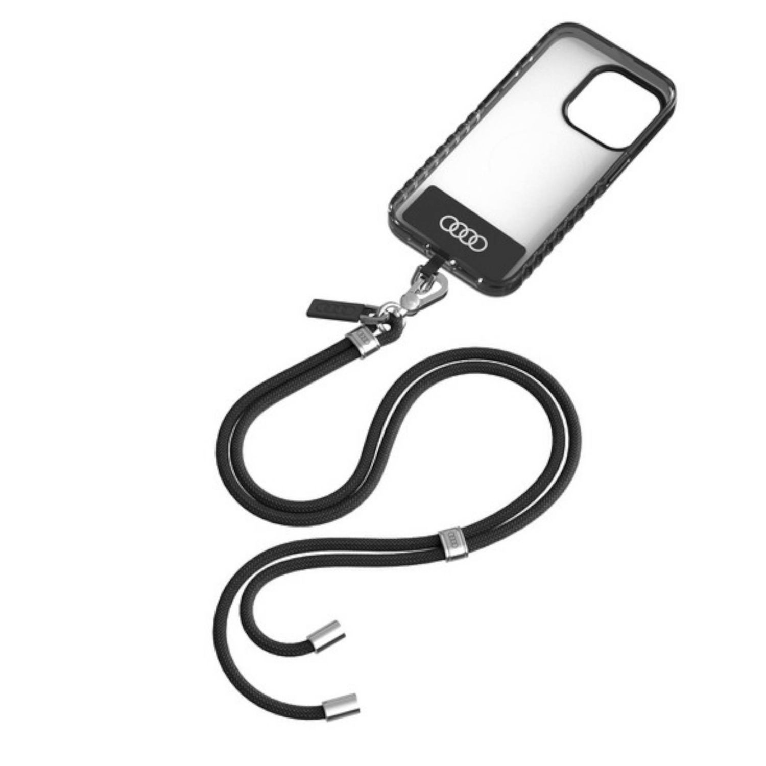 Schwarze Handyhülle mit Lanyard, Audi-Logo. Schwarzes Lanyard mit silbernen Details.