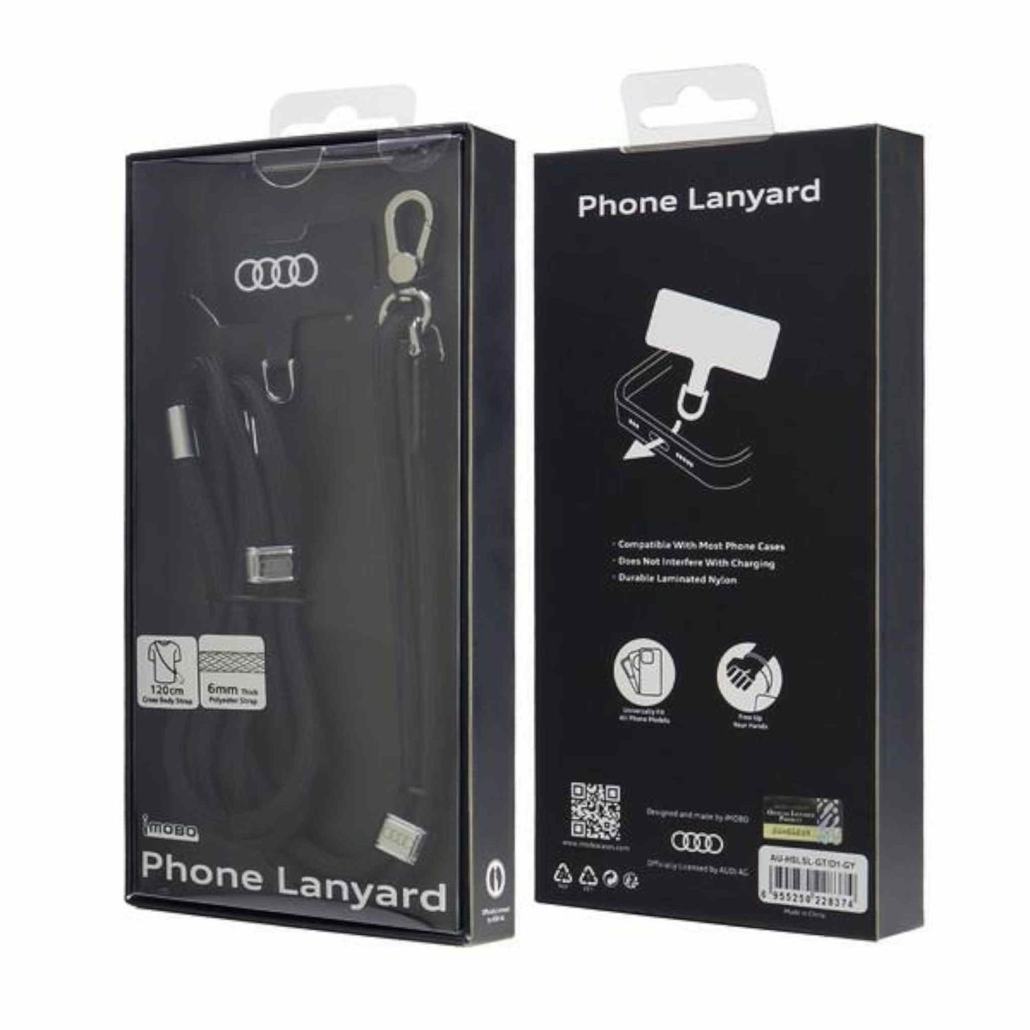 Schwarzes Telefon-Lanyard in einer Box, mit silbernem Audi-Logo.