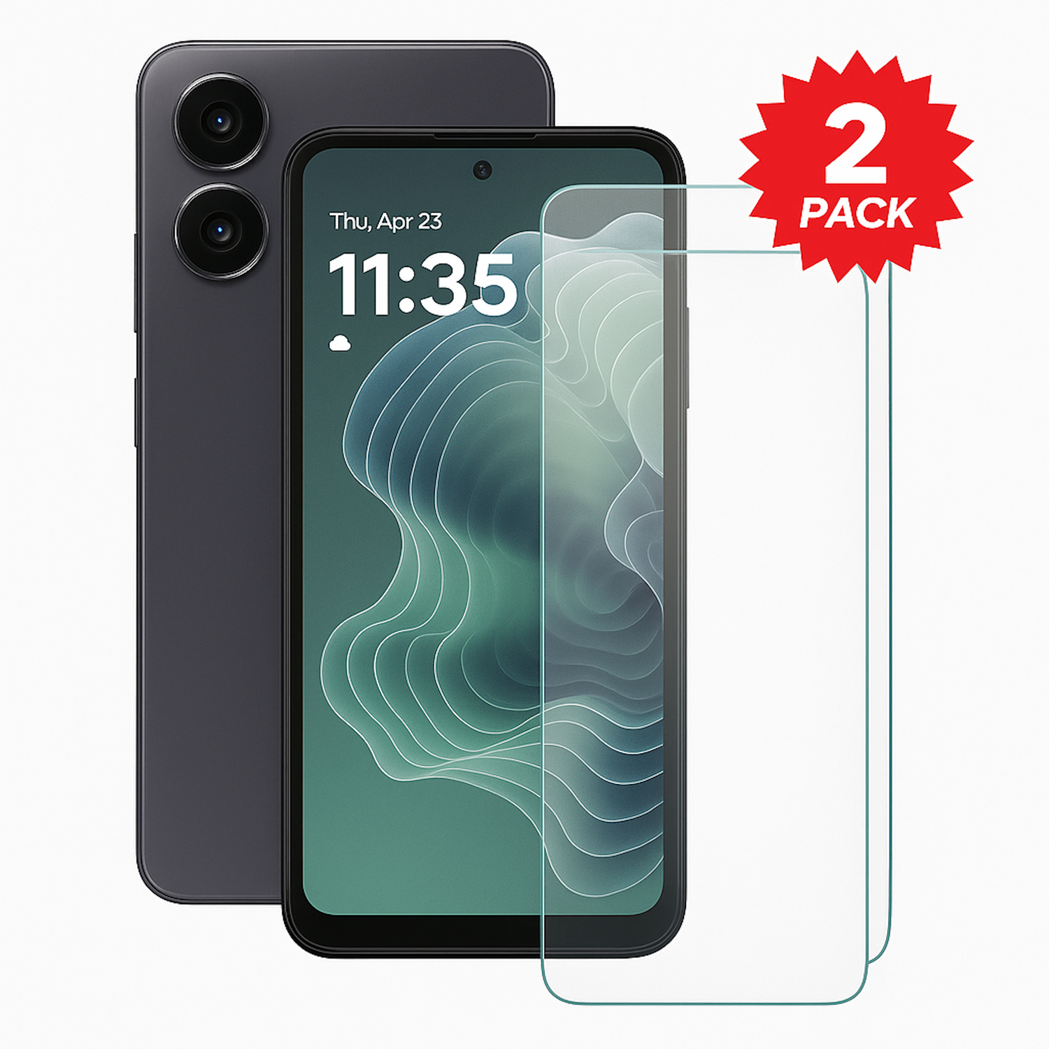 Ein Smartphone, mit einem Displayschutz und einem zweiten im Hintergrund.