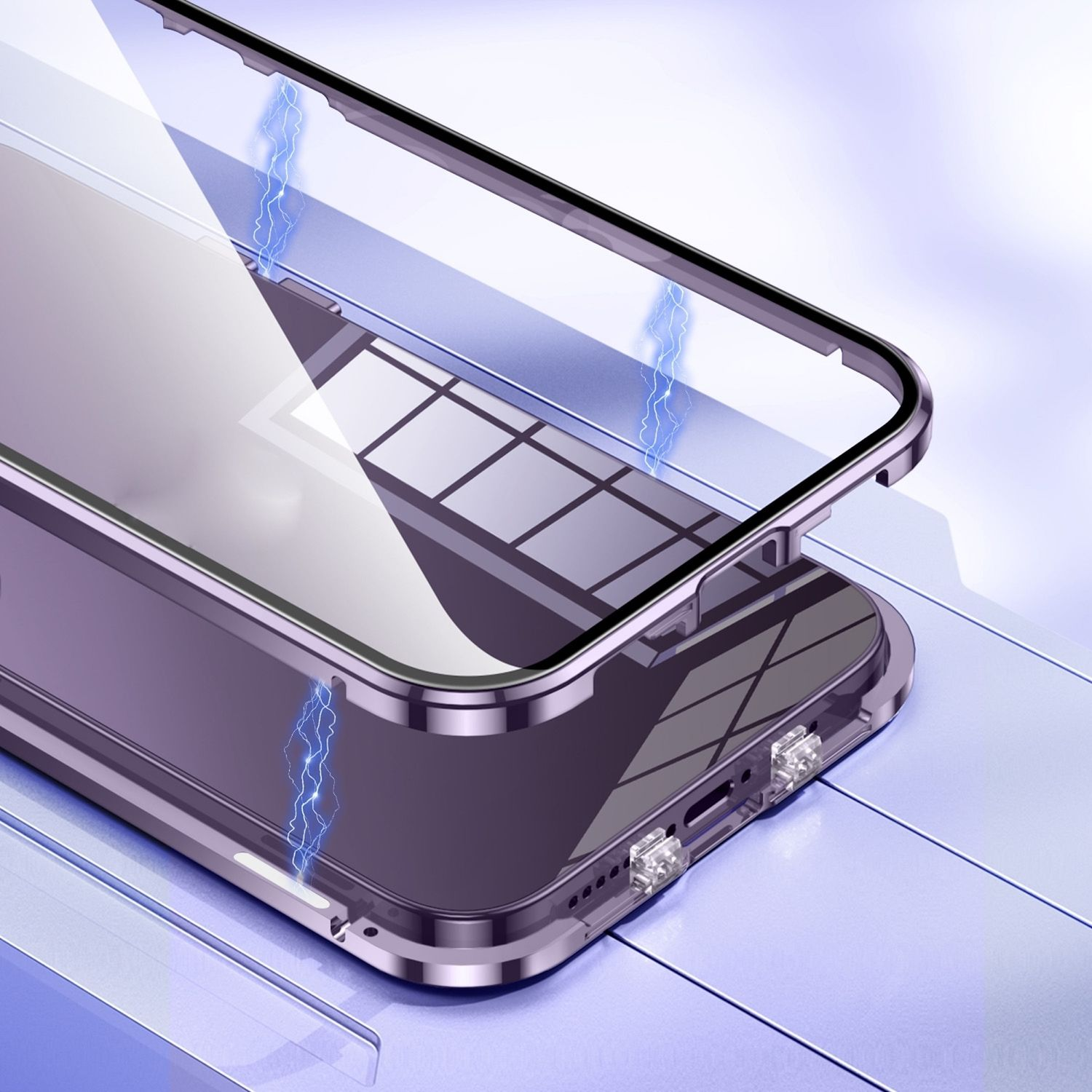 Eine Handyhülle mit transparentem Rücken und silbernem Rahmen. Blaue Linien zeigen Magnetismus.