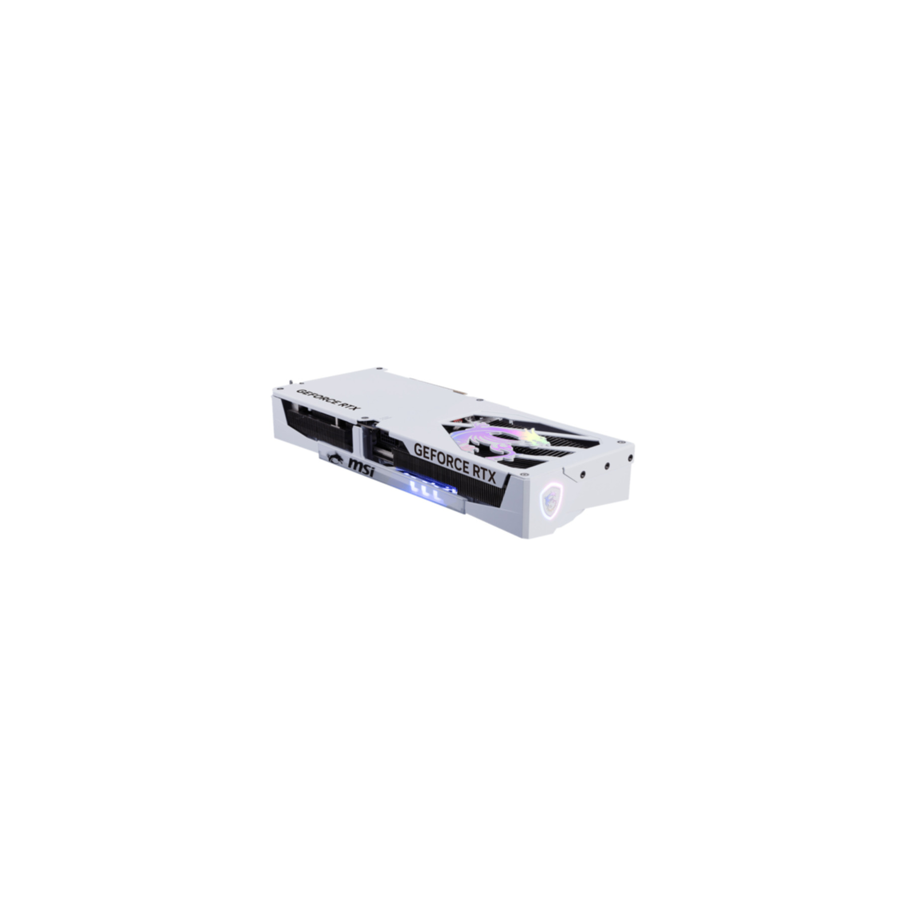 Eine weiße MSI GeForce RTX Grafikkarte. Sie befindet sich auf weißem Hintergrund.