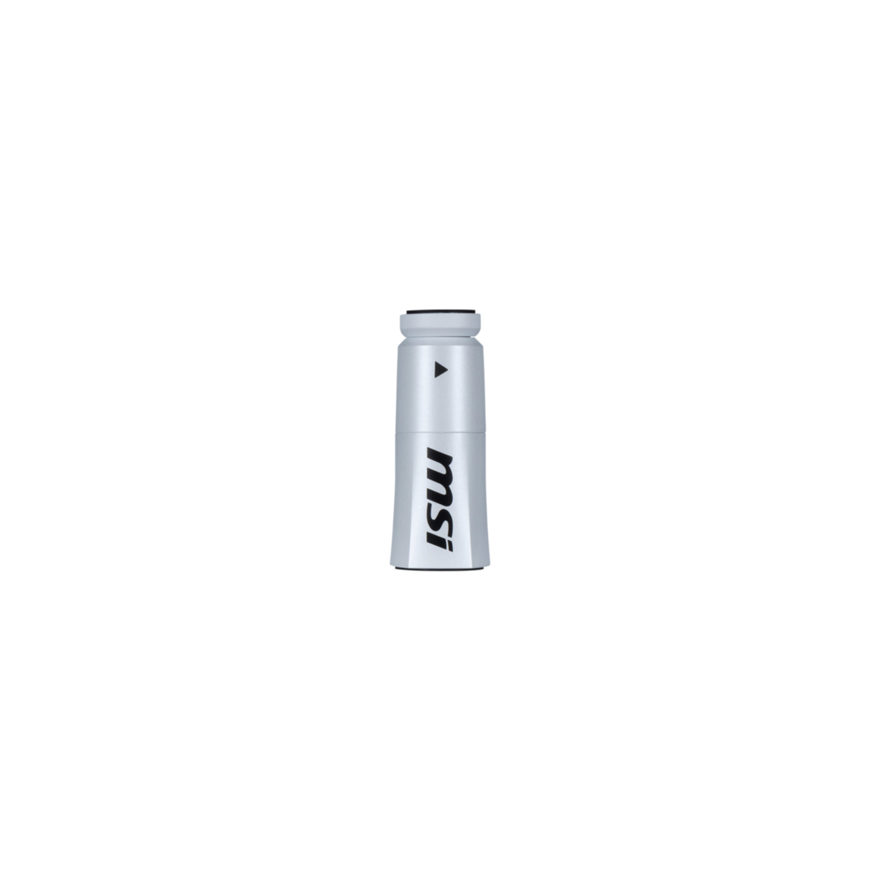 Eine kleine, silberne Flasche mit dem MSI-Logo. Die Flasche ist zylindrisch und hat einen Deckel.