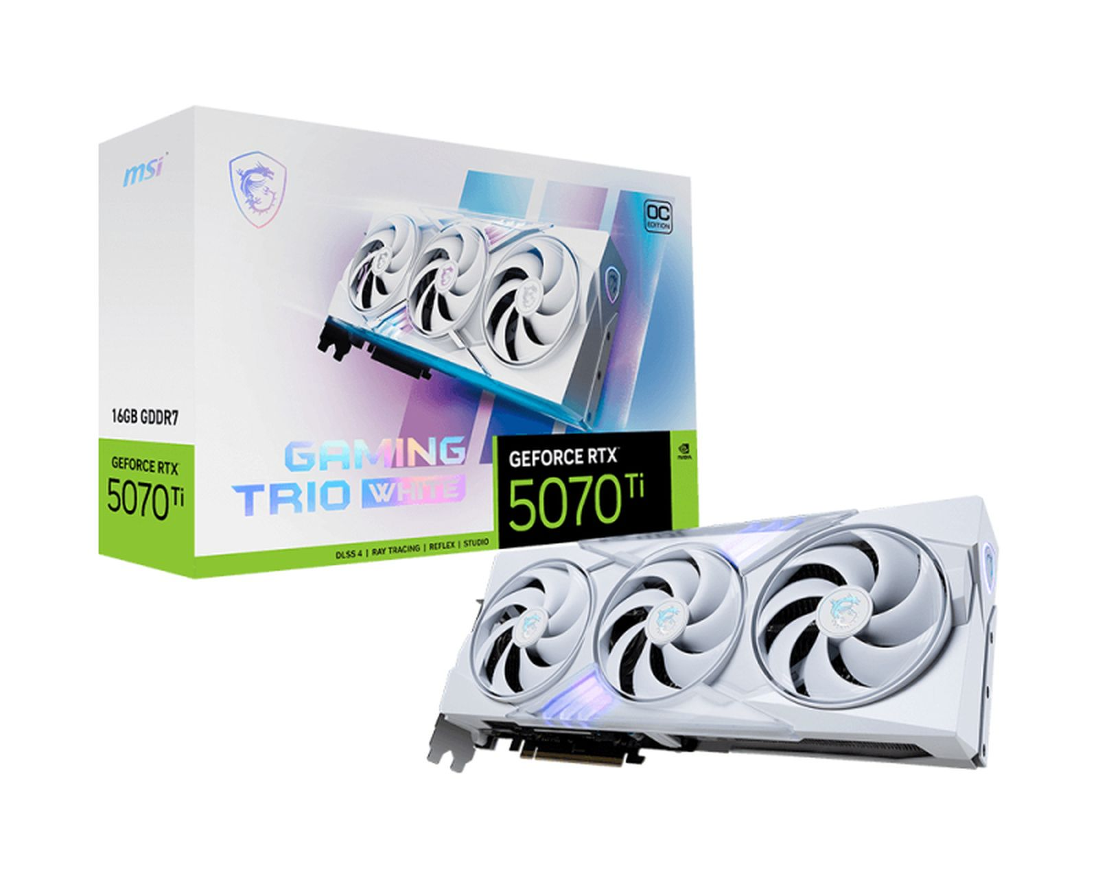 Eine Grafikkarte in einer Box. Box und Karte sind weiß. Text: GeForce RTX 5070 Ti.