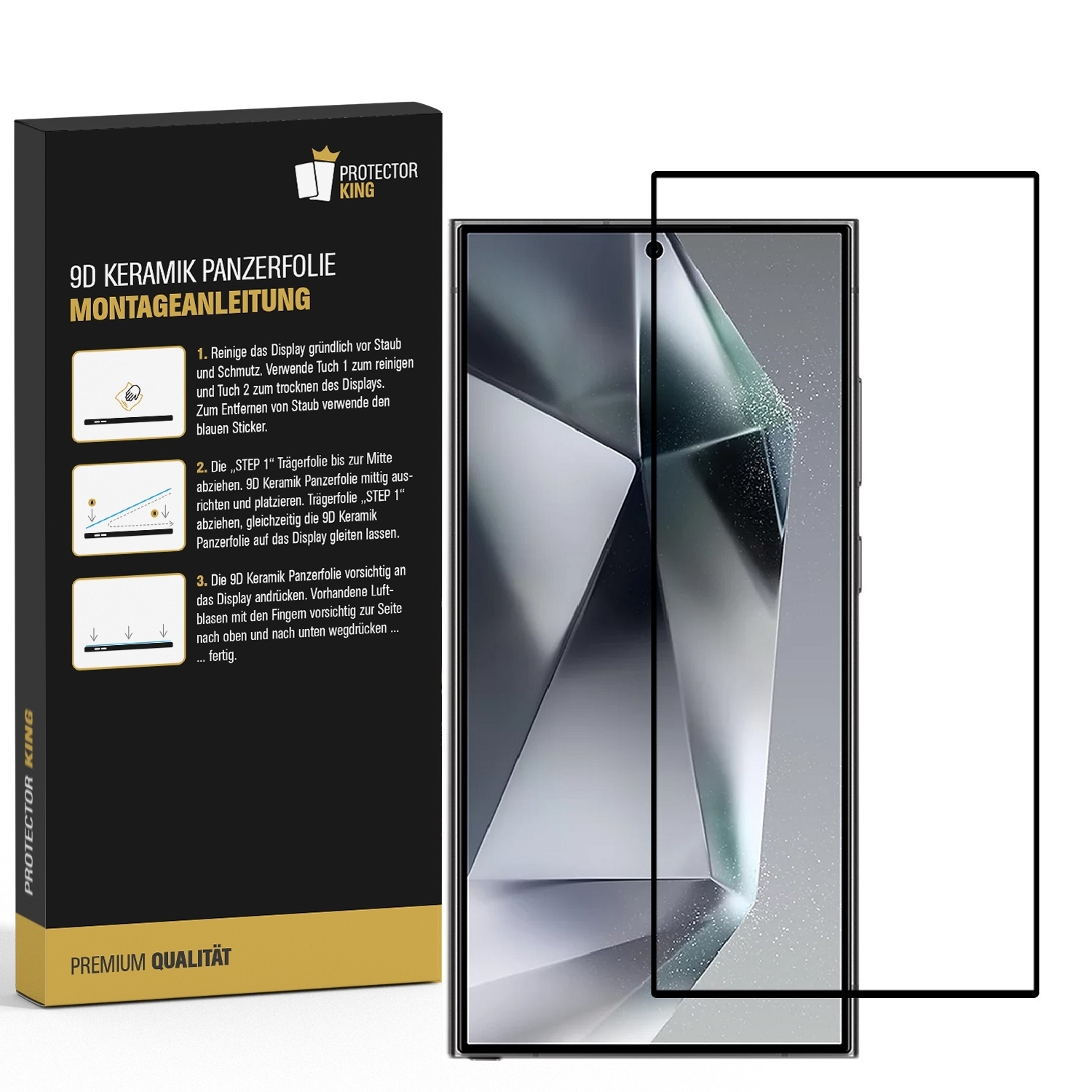 Ein Displayschutz für ein Telefon, mit einer Box. Text auf der Box.