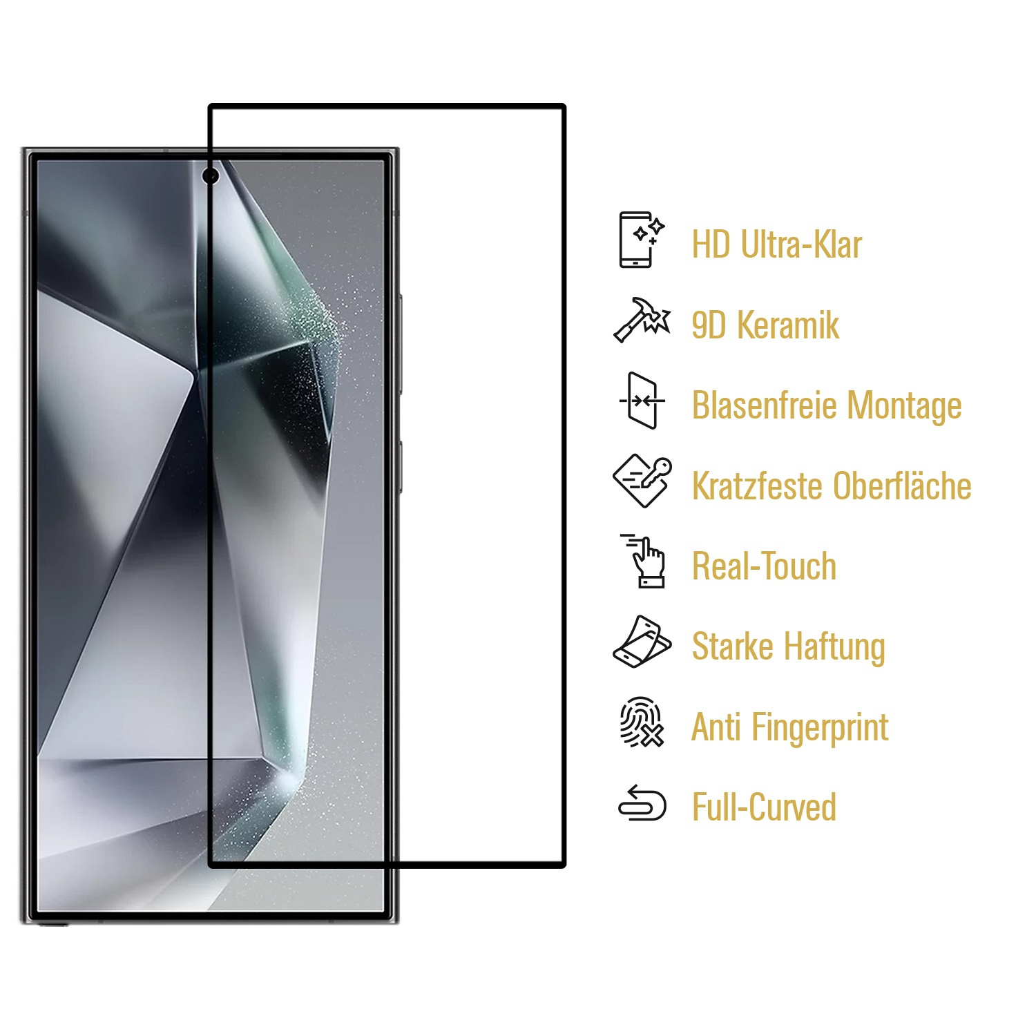 Displayschutzfolie und Telefon. Textlabels: HD Ultra-Clear, 9D Keramik, Blasenfrei, Kratzfest usw.